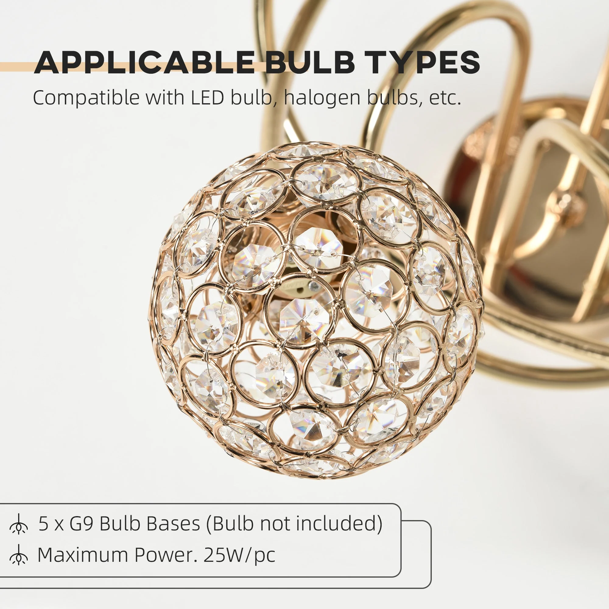 Crystal Chandelier Modern Pendant Light for Living Room with 5 Ball Lampshades 5 G9 Bulbs Required Gold Tone - Image 7
