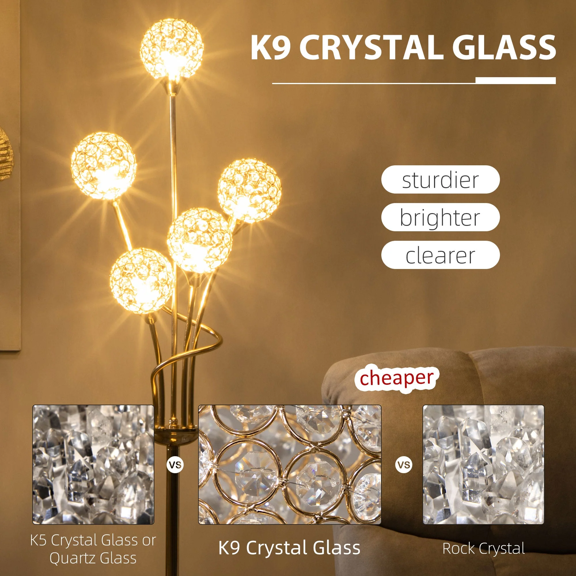 Crystal Floor Lamps for Living Room Bedroom with 5 Light - Image 3