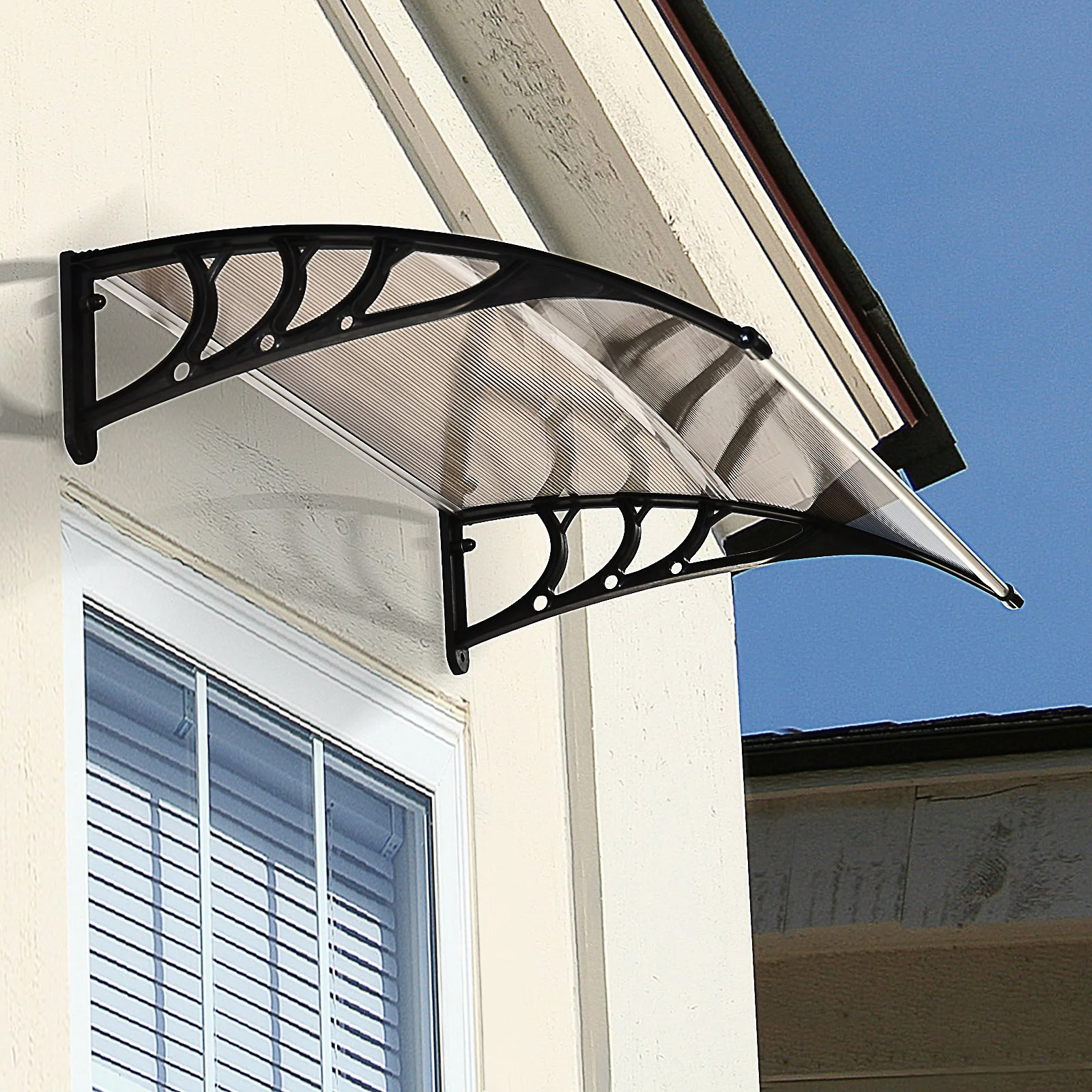 Curved Window Door Canopy Aluminium Rigid Plastic Polycarbonate Fixed Outdoor Awning Modern Design UV Water Rain Resist 120 x 75cm Brown - Image 2