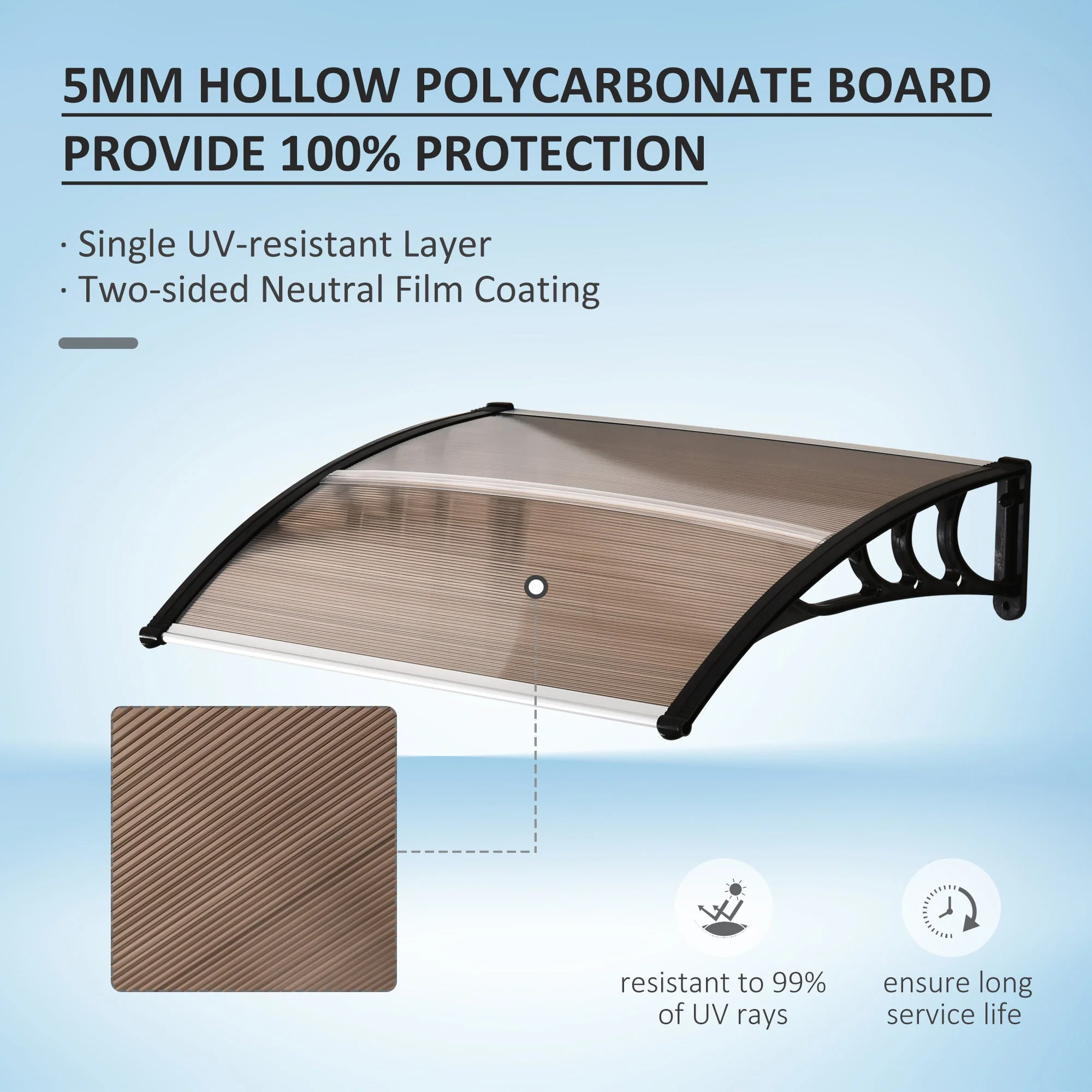 Curved Window Door Canopy Aluminium Rigid Plastic Polycarbonate Fixed Outdoor Awning Modern Design UV Water Rain Resist 120 x 75cm Brown - Image 4