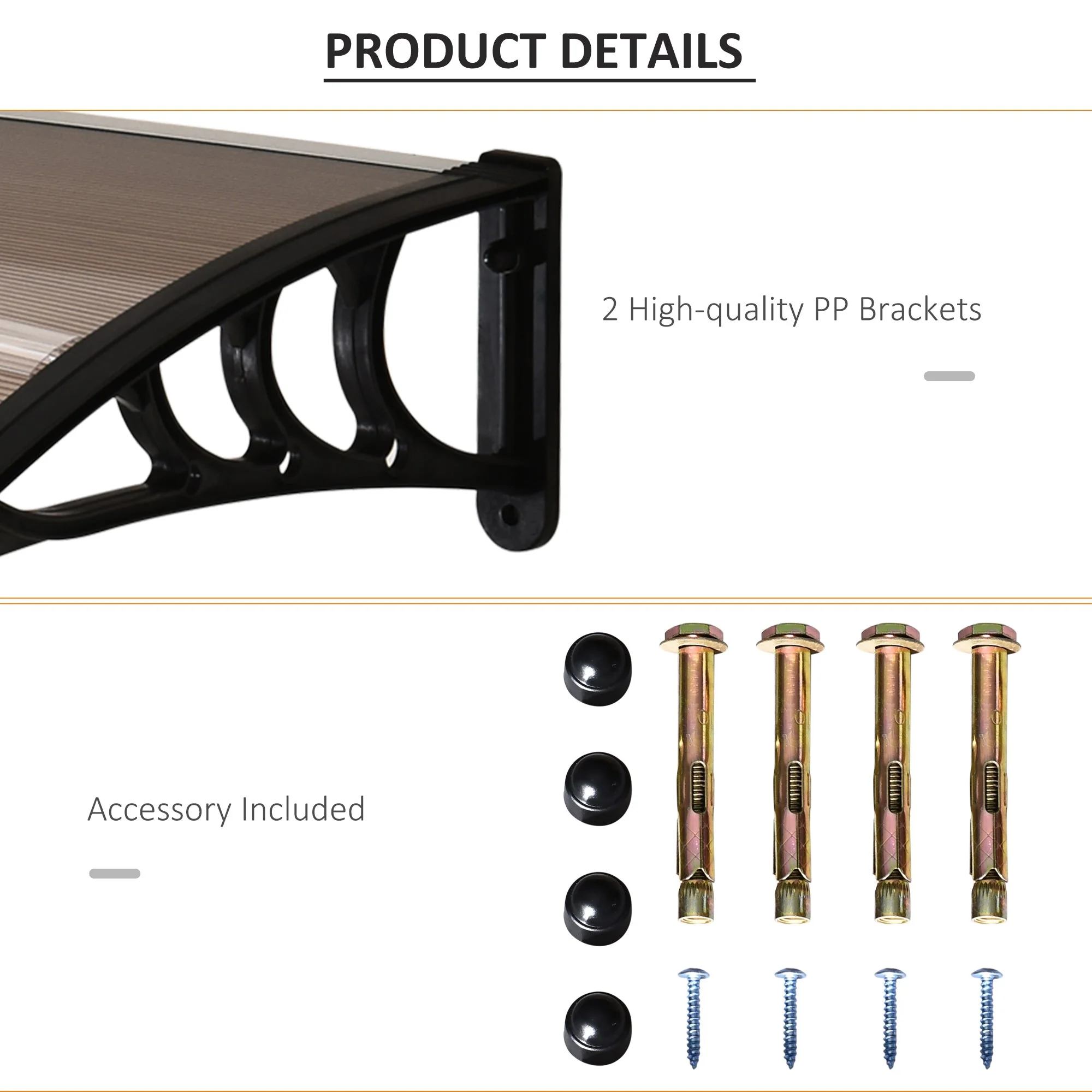 Curved Window Door Canopy Aluminium Rigid Plastic Polycarbonate Fixed Outdoor Awning Modern Design UV Water Rain Resist 120 x 75cm Brown - Image 5