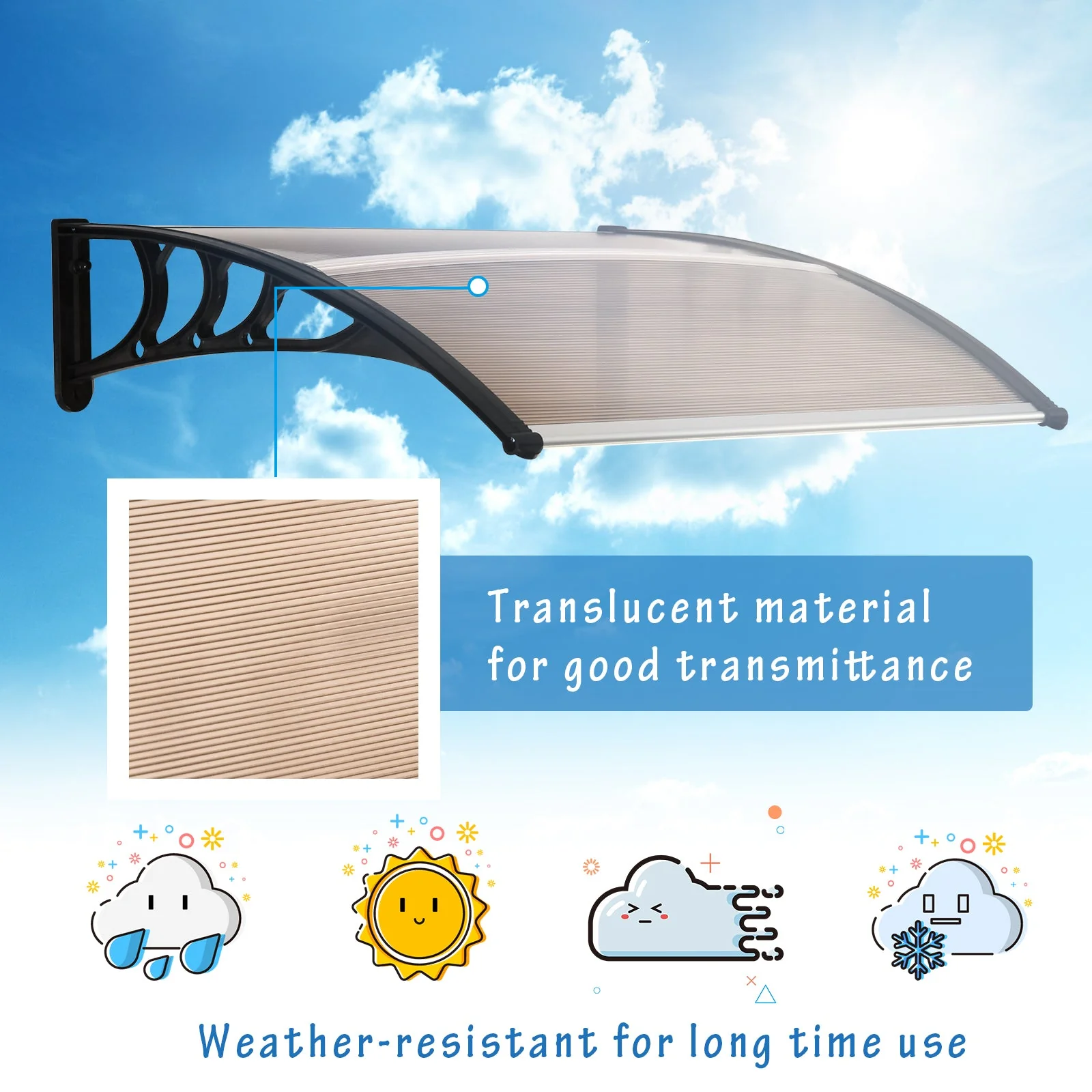 Curved Window Door Canopy Aluminium Rigid Plastic Polycarbonate Fixed Outdoor Awning Modern Design UV Water Rain Resist 120 x 75cm Brown - Image 6