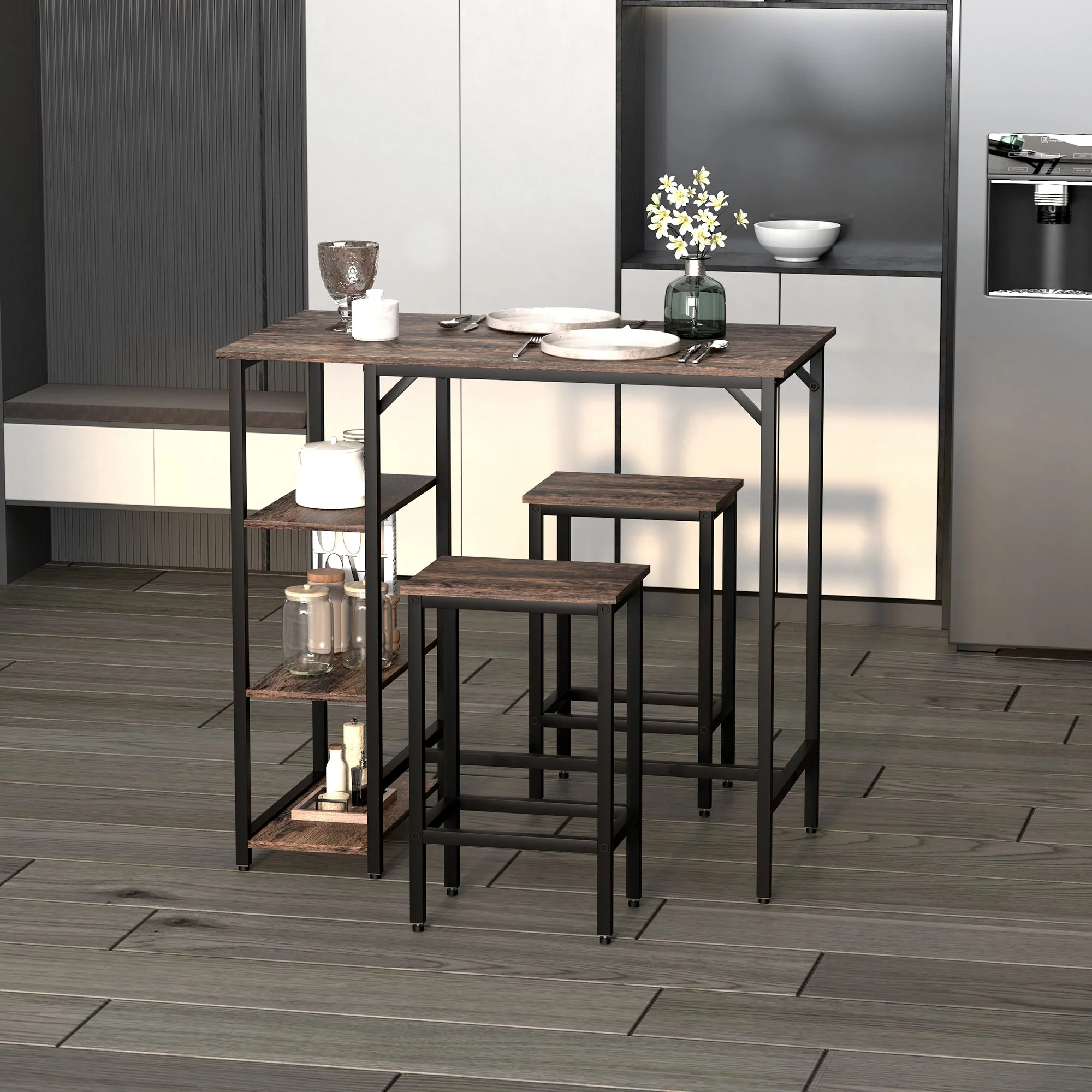 Dining Table Set Industrial Bar Height With 2 Stools & Side Shelf - Image 2