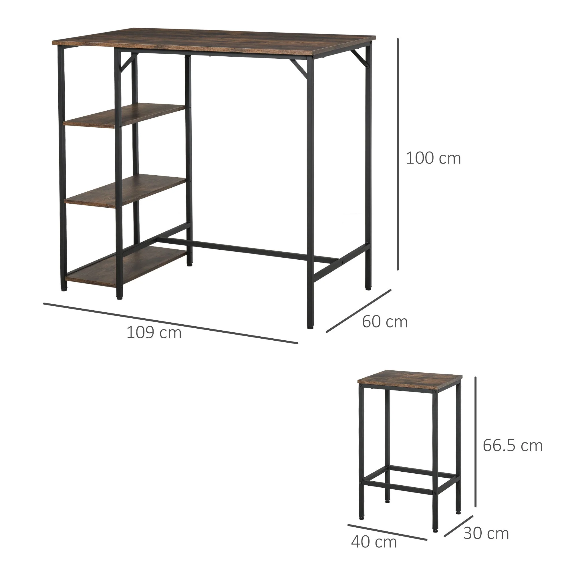 Dining Table Set Industrial Bar Height With 2 Stools & Side Shelf - Image 3