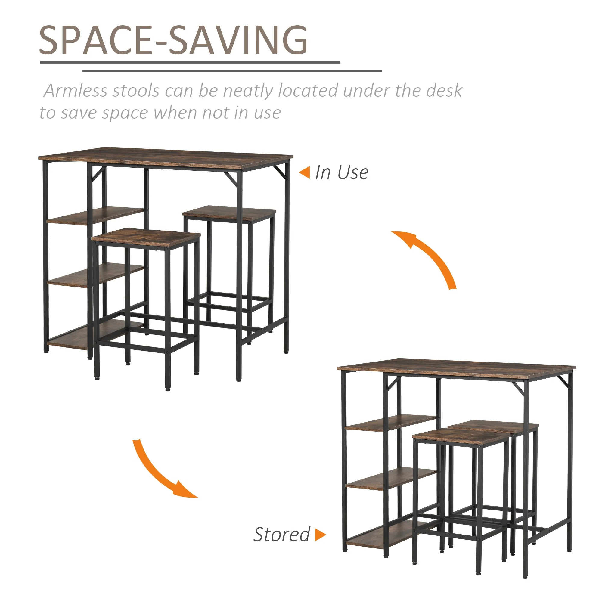 Dining Table Set Industrial Bar Height With 2 Stools & Side Shelf - Image 4