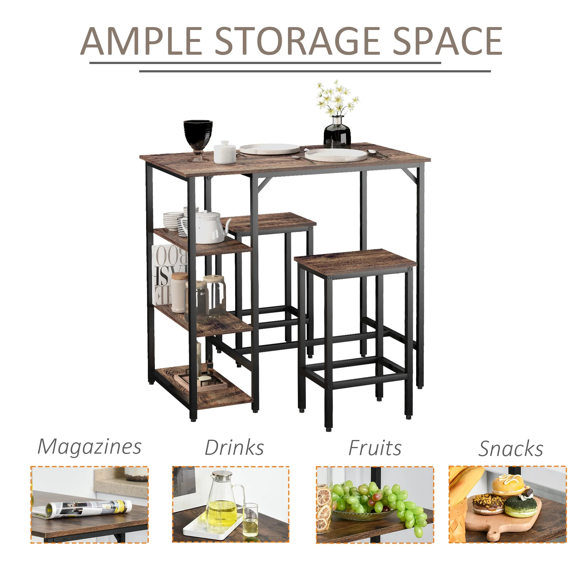 Dining Table Set Industrial Bar Height With 2 Stools & Side Shelf - Image 5