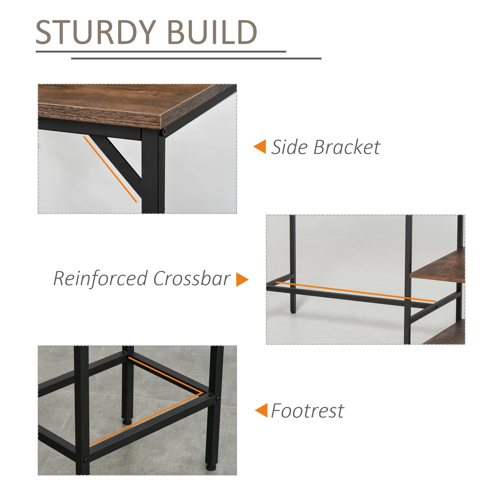 Dining Table Set Industrial Bar Height With 2 Stools & Side Shelf - Image 6