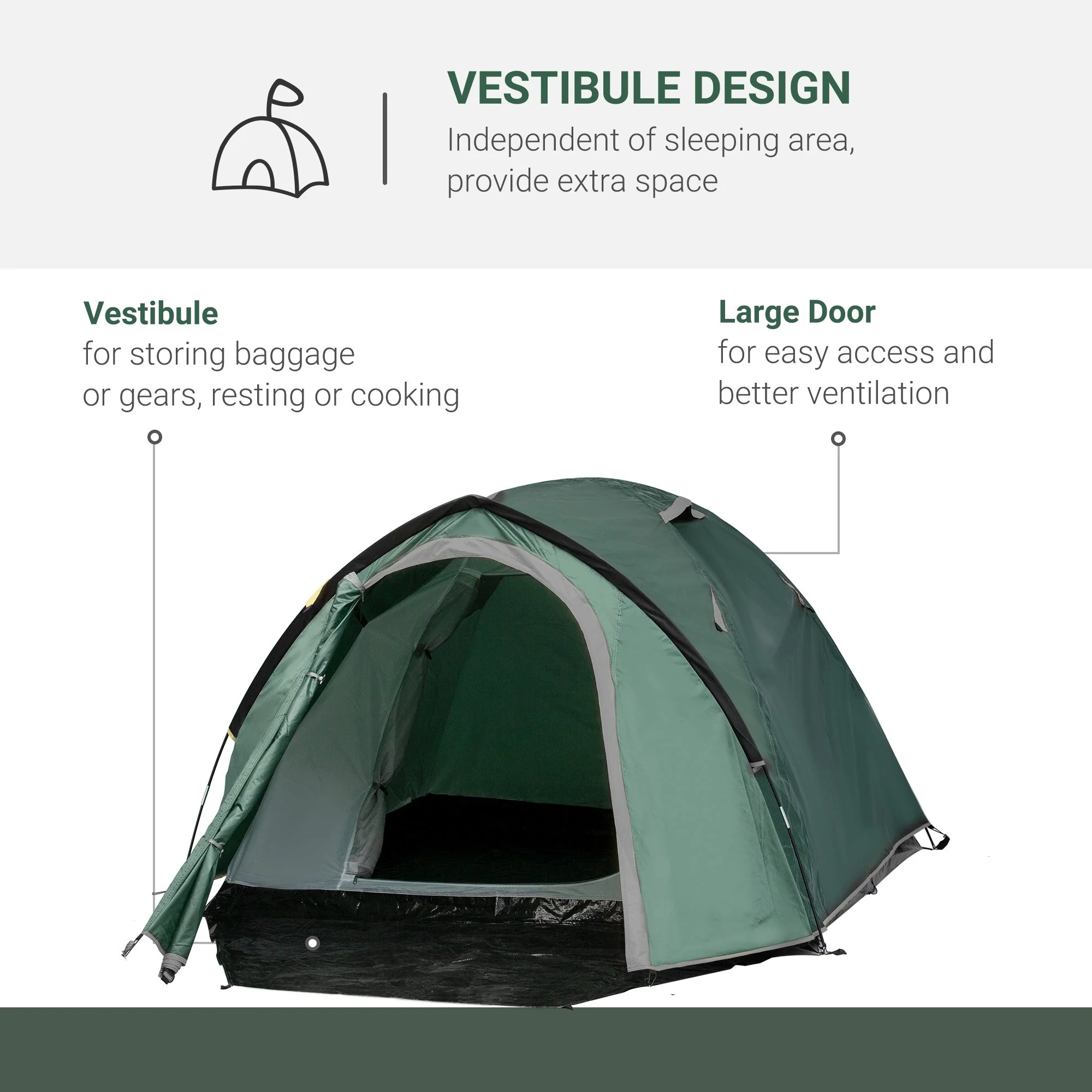 Dome Tent for 3-4 Person Family Tent with Large Windows Waterproof Green - Image 4