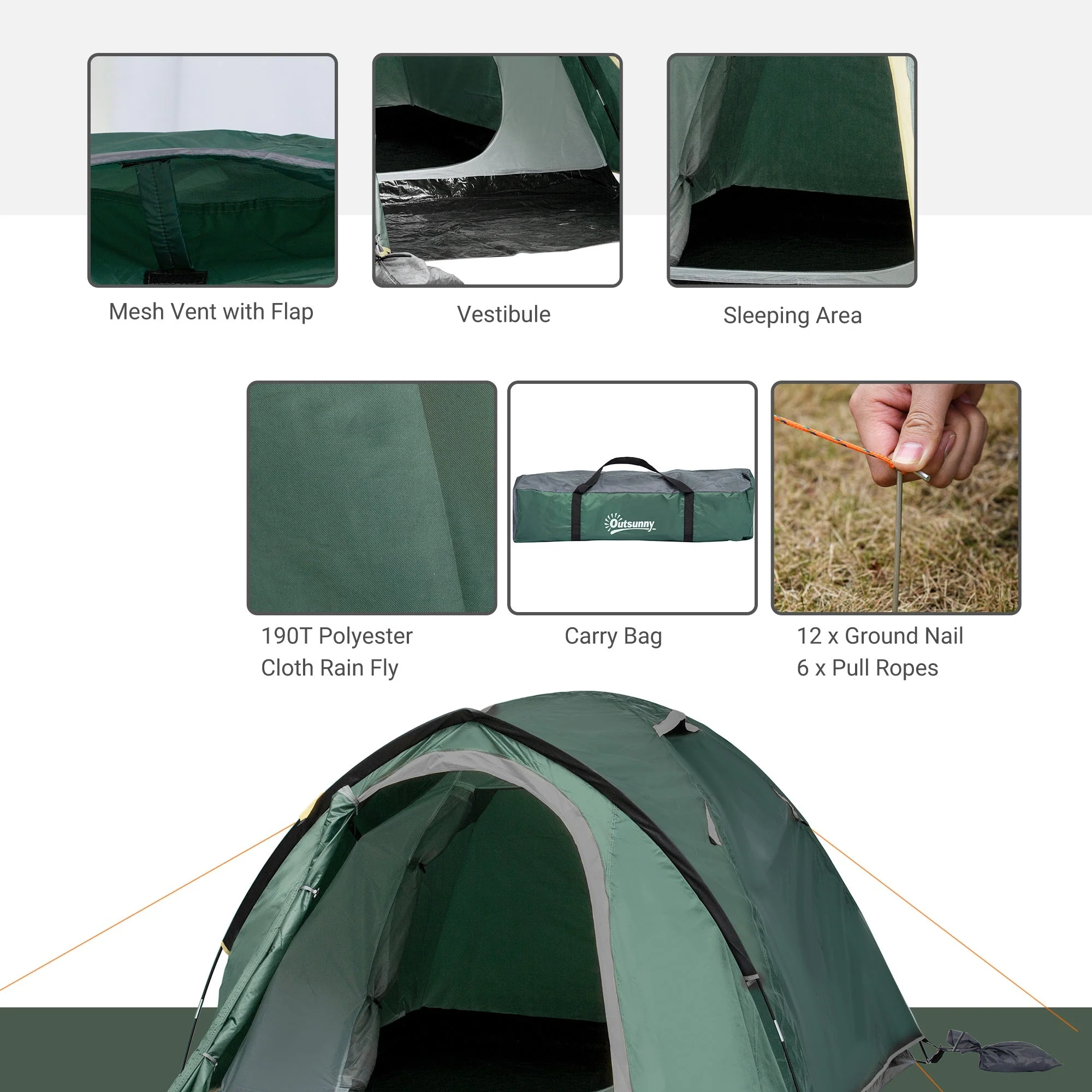 Dome Tent for 3-4 Person Family Tent with Large Windows Waterproof Green - Image 6
