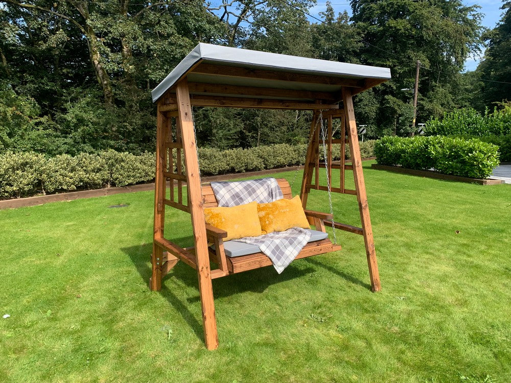 Dorset Garden Swing Seat by Charles Taylor - 2 Seats Grey Cushions - Image 11