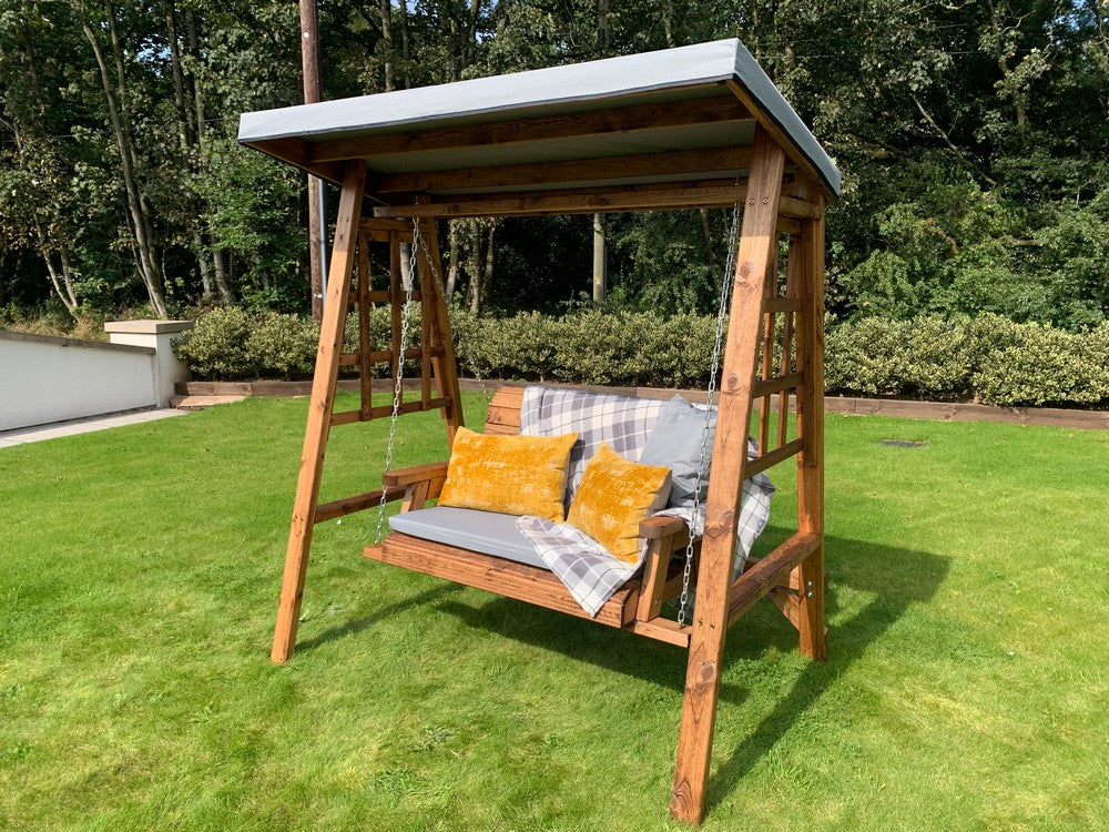 Dorset Garden Swing Seat by Charles Taylor - 2 Seats Grey Cushions - Image 12