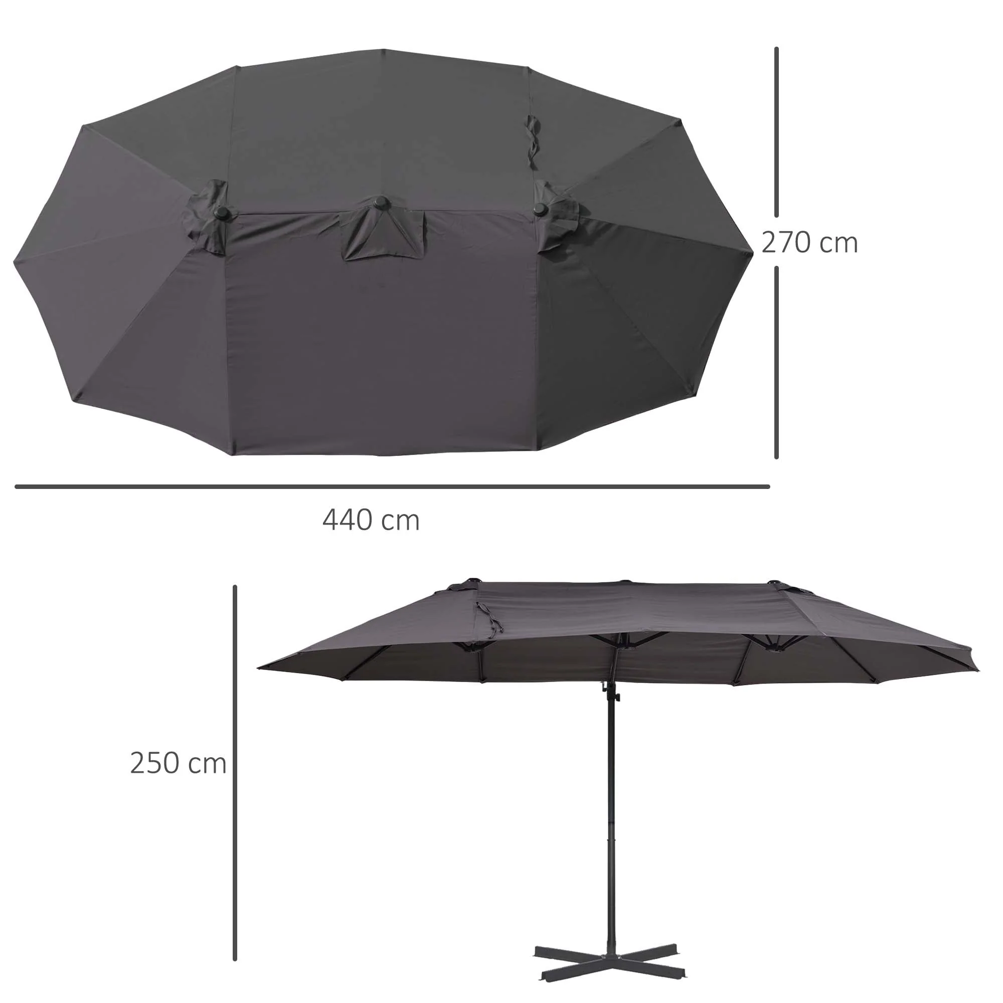 Double Canopy Offset Parasol Umbrella Garden Shade w/ Steel Pole 12 Ribs Grey - Image 3