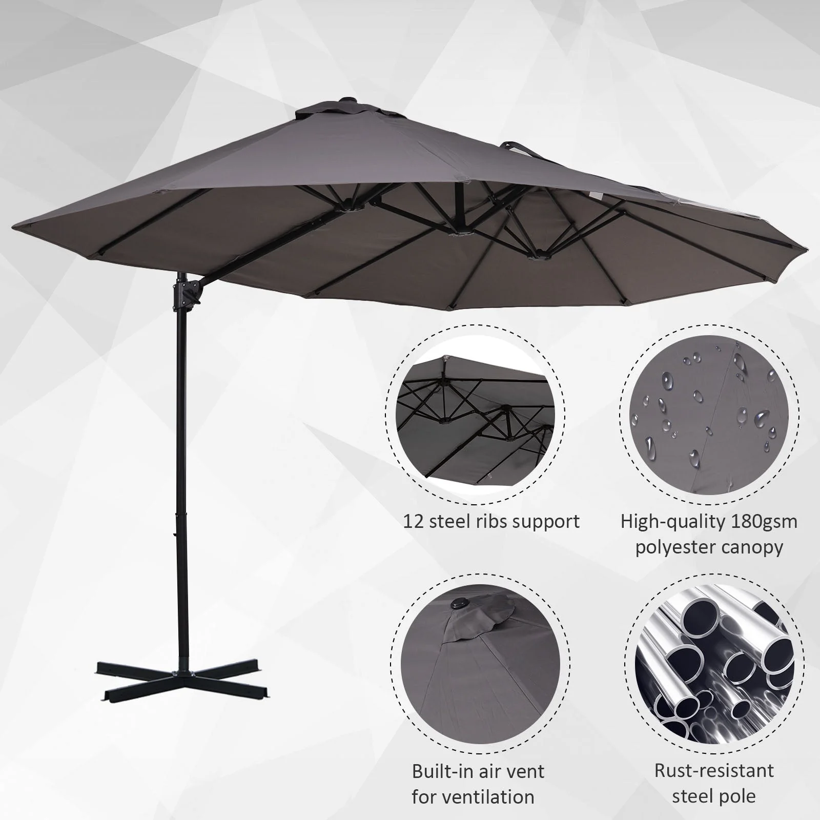 Double Canopy Offset Parasol Umbrella Garden Shade w/ Steel Pole 12 Ribs Grey - Image 4