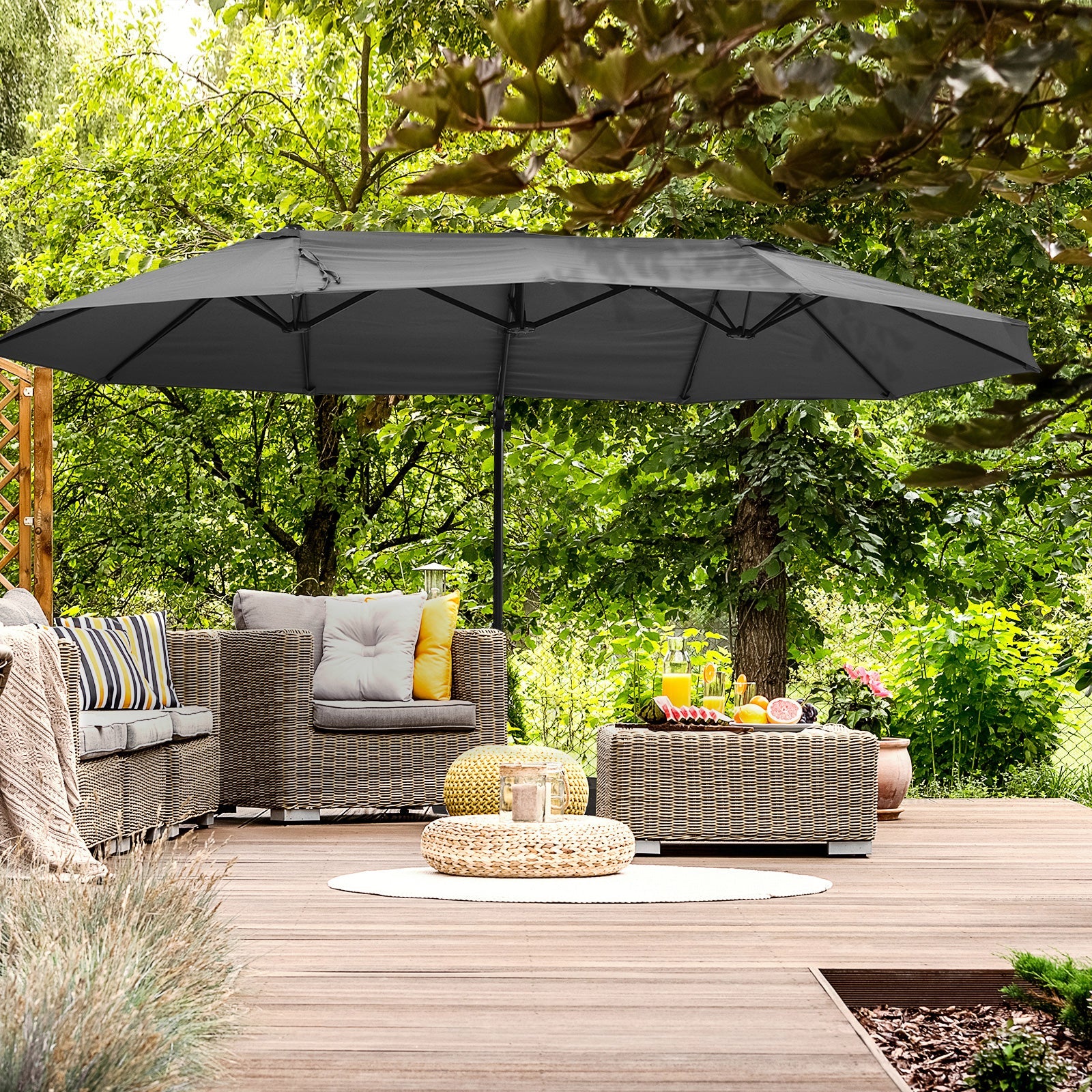 Double Canopy Offset Parasol Umbrella Garden Shade w/ Steel Pole 12 Ribs Grey - Image 9