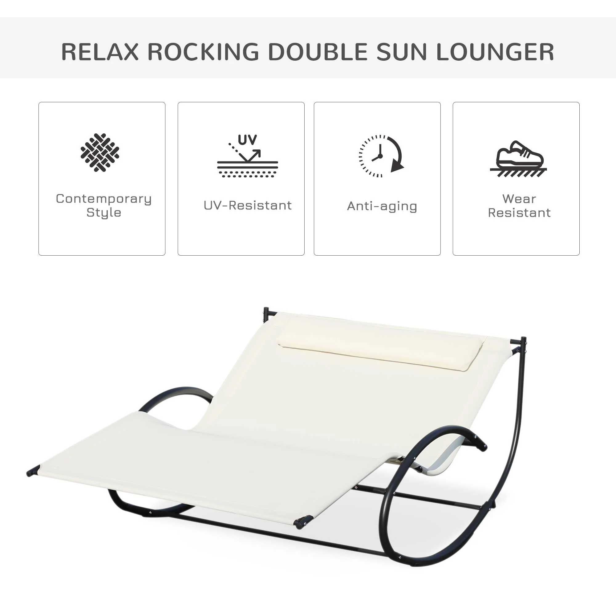 Double Hammock Chair Sun Lounger Outdoor Patio Garden Swing Rock Seat Cream White - Image 4