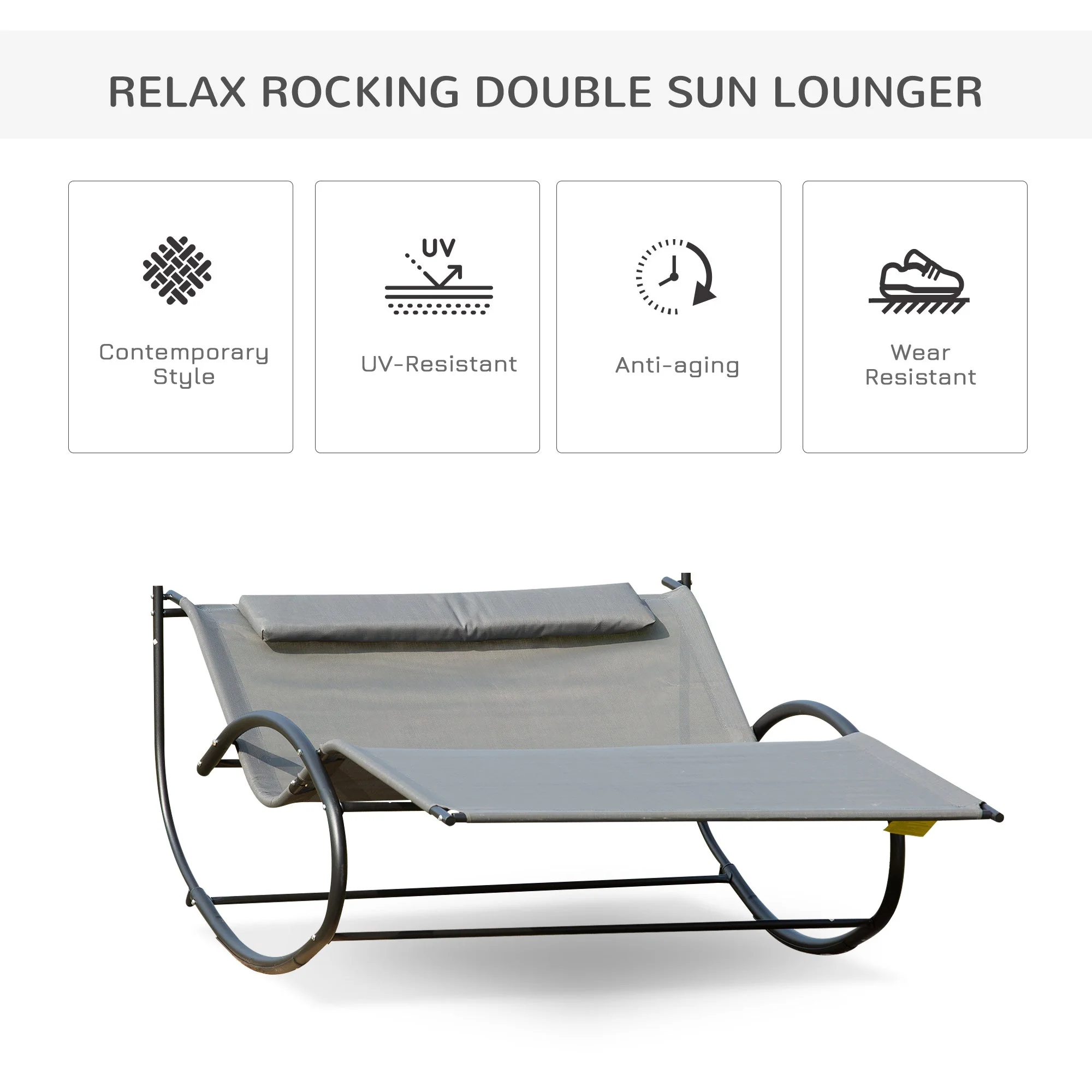 Double Hammock Chair Sun Lounger Outdoor Patio Garden Swing Rock Seat Grey - Image 6