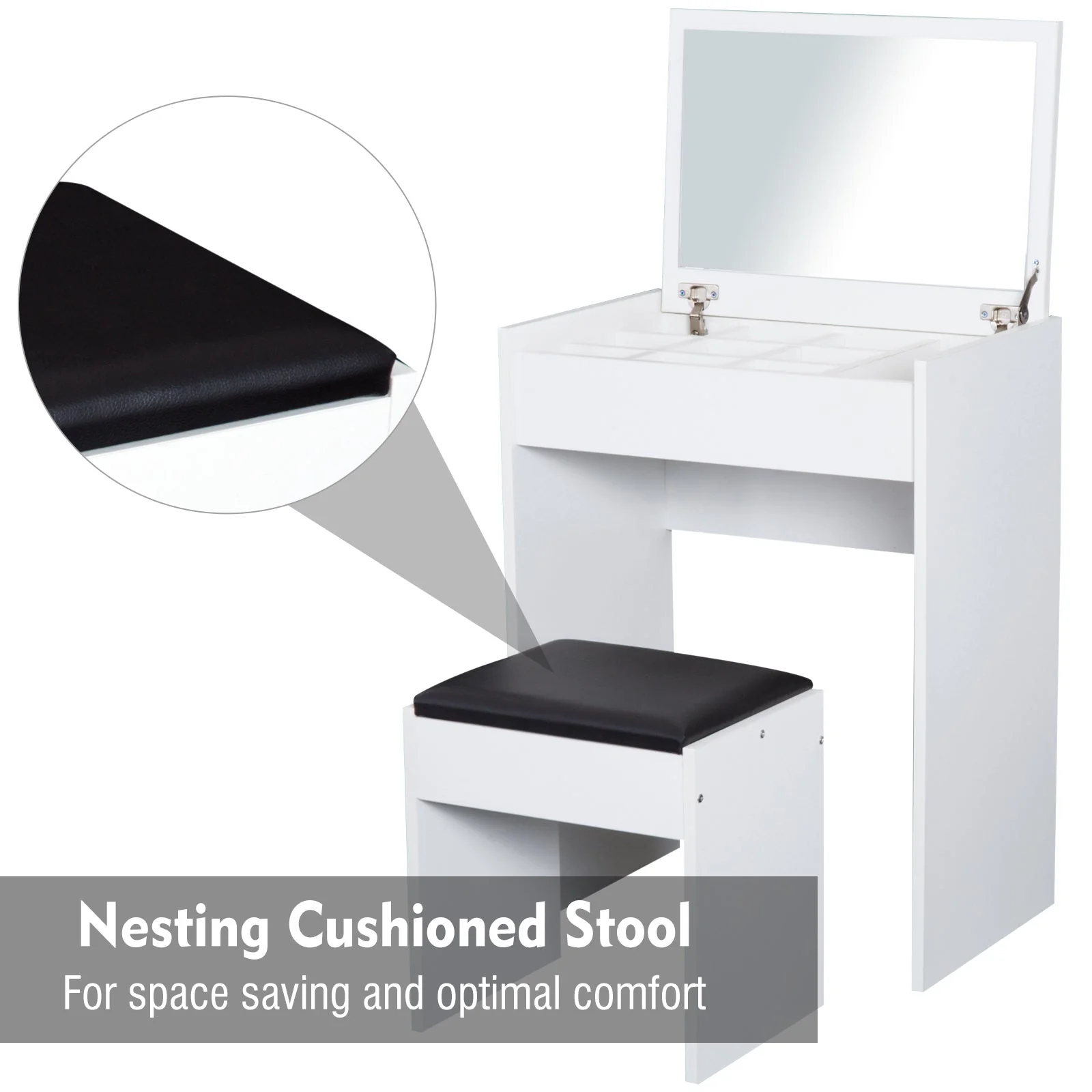 Dressing Table Set Padded Stool Dresser with Flip-up Mirror Multi-purpose - White - Image 4