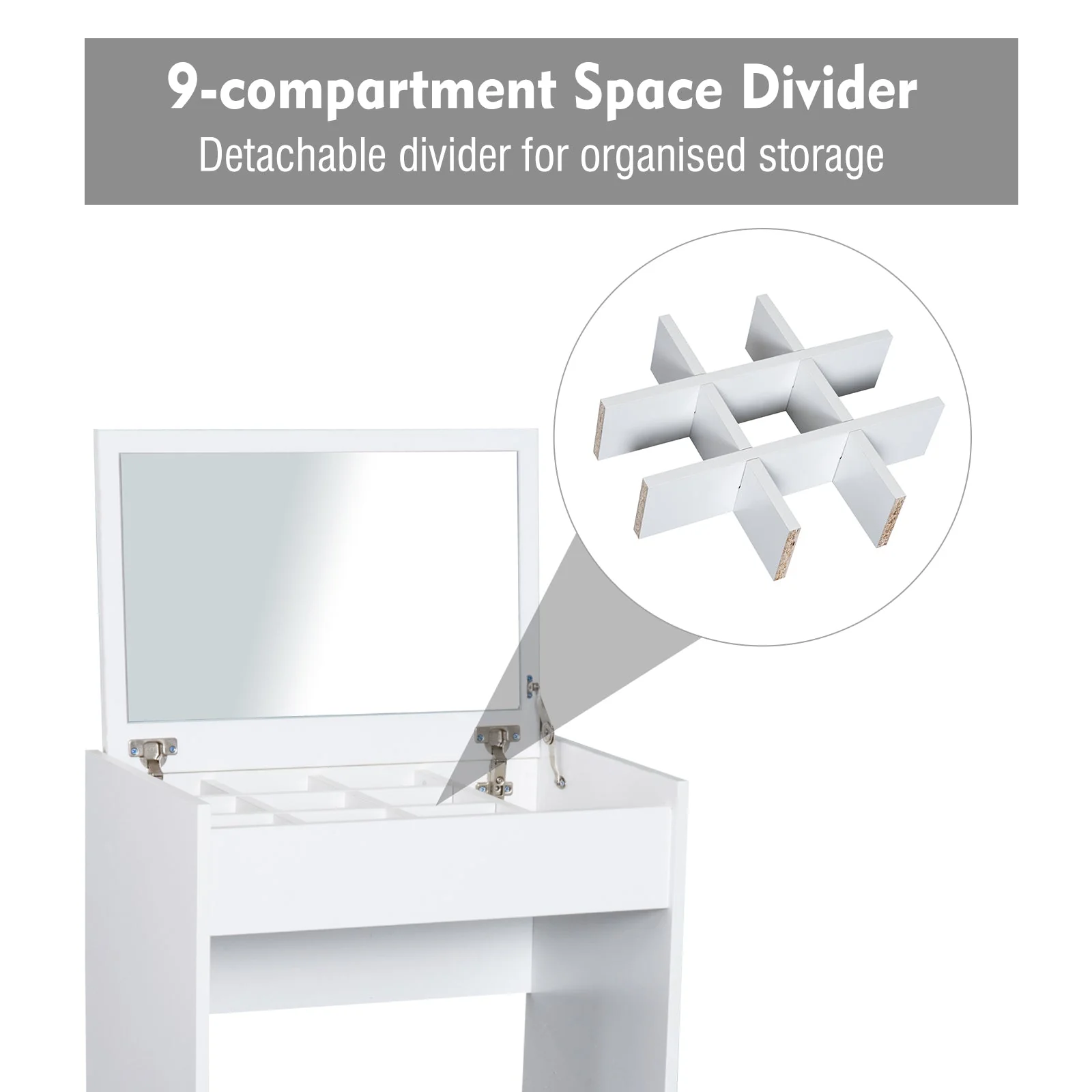 Dressing Table Set Padded Stool Dresser with Flip-up Mirror Multi-purpose - White - Image 6