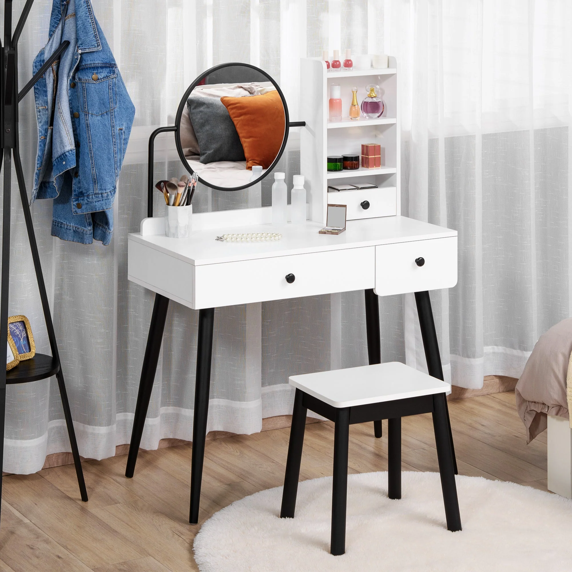 Dressing Table Set with Mirror and Stool - Image 2