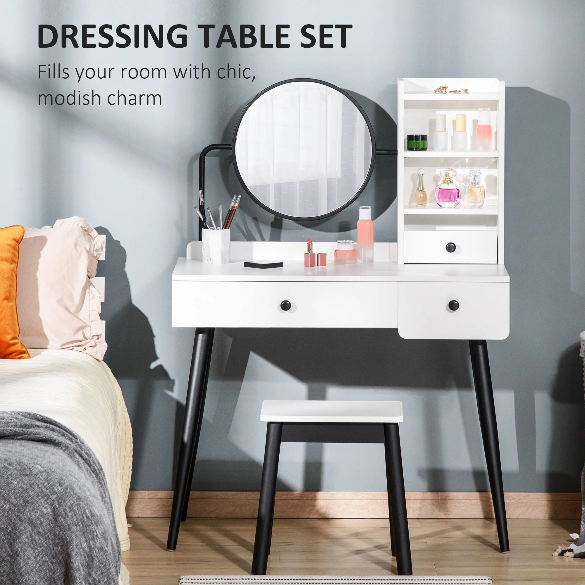 Dressing Table Set with Mirror and Stool - Image 4