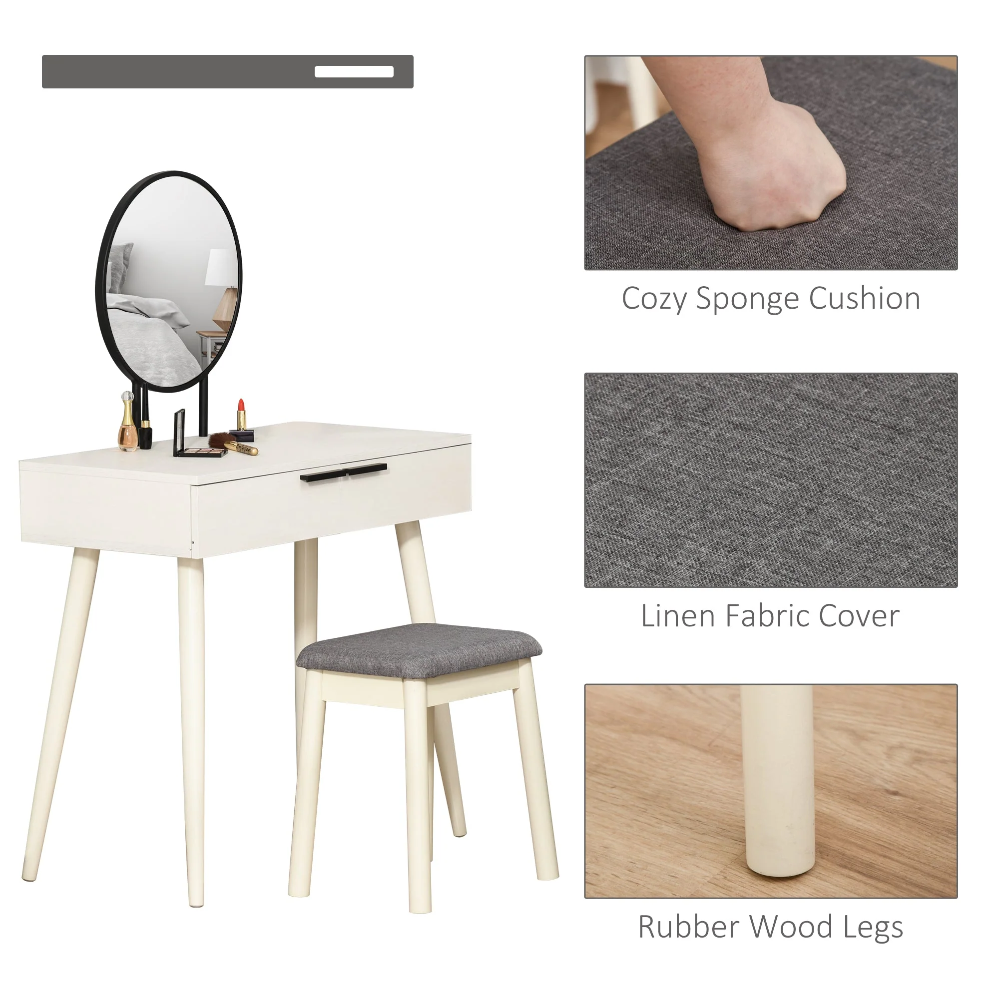 Dressing Table Vanity Set Makeup Desk with Round Mirror Cushioned Stool 2 Drawers for Bedroom Jewelry Storage Set - Image 4