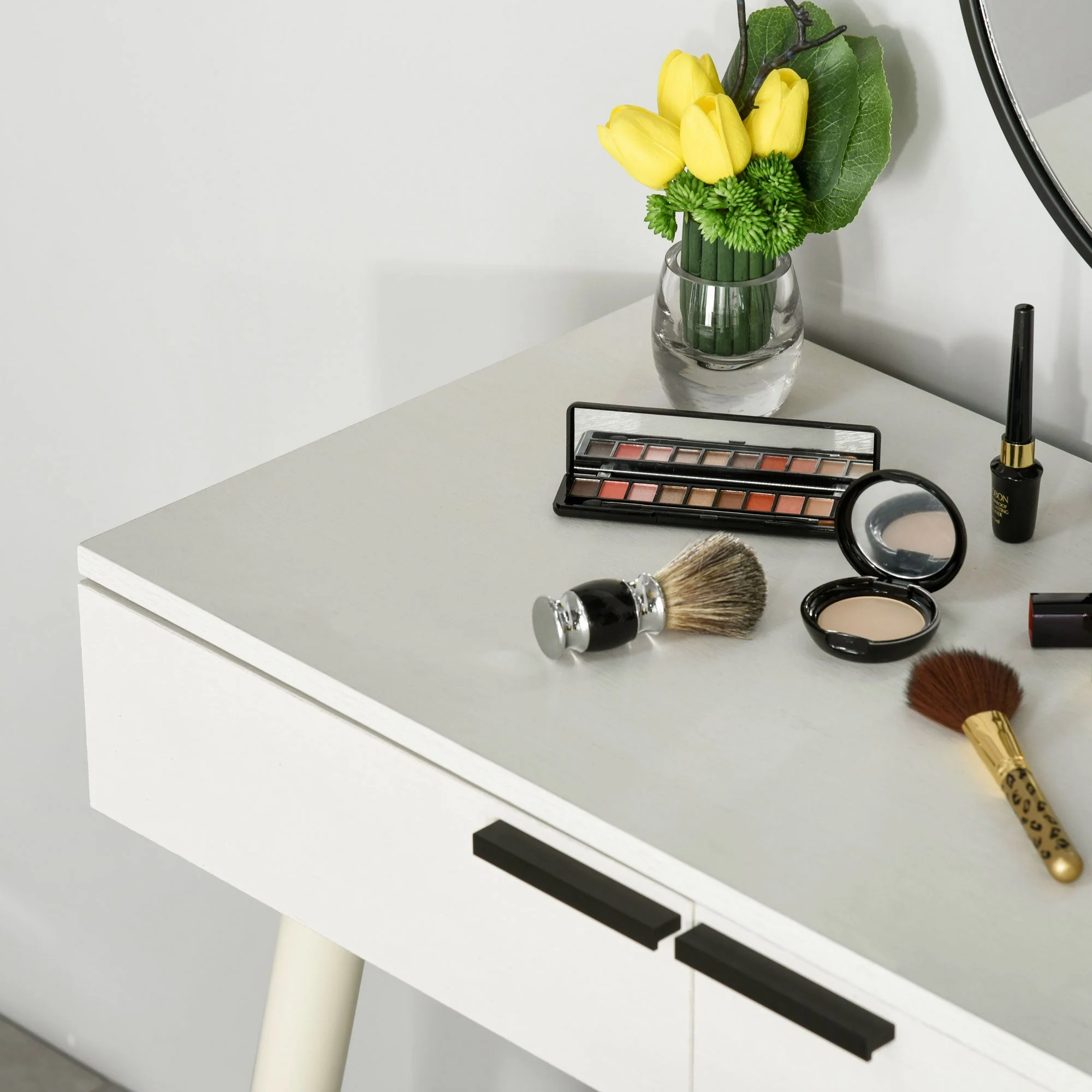 Dressing Table Vanity Set Makeup Desk with Round Mirror Cushioned Stool 2 Drawers for Bedroom Jewelry Storage Set - Image 7