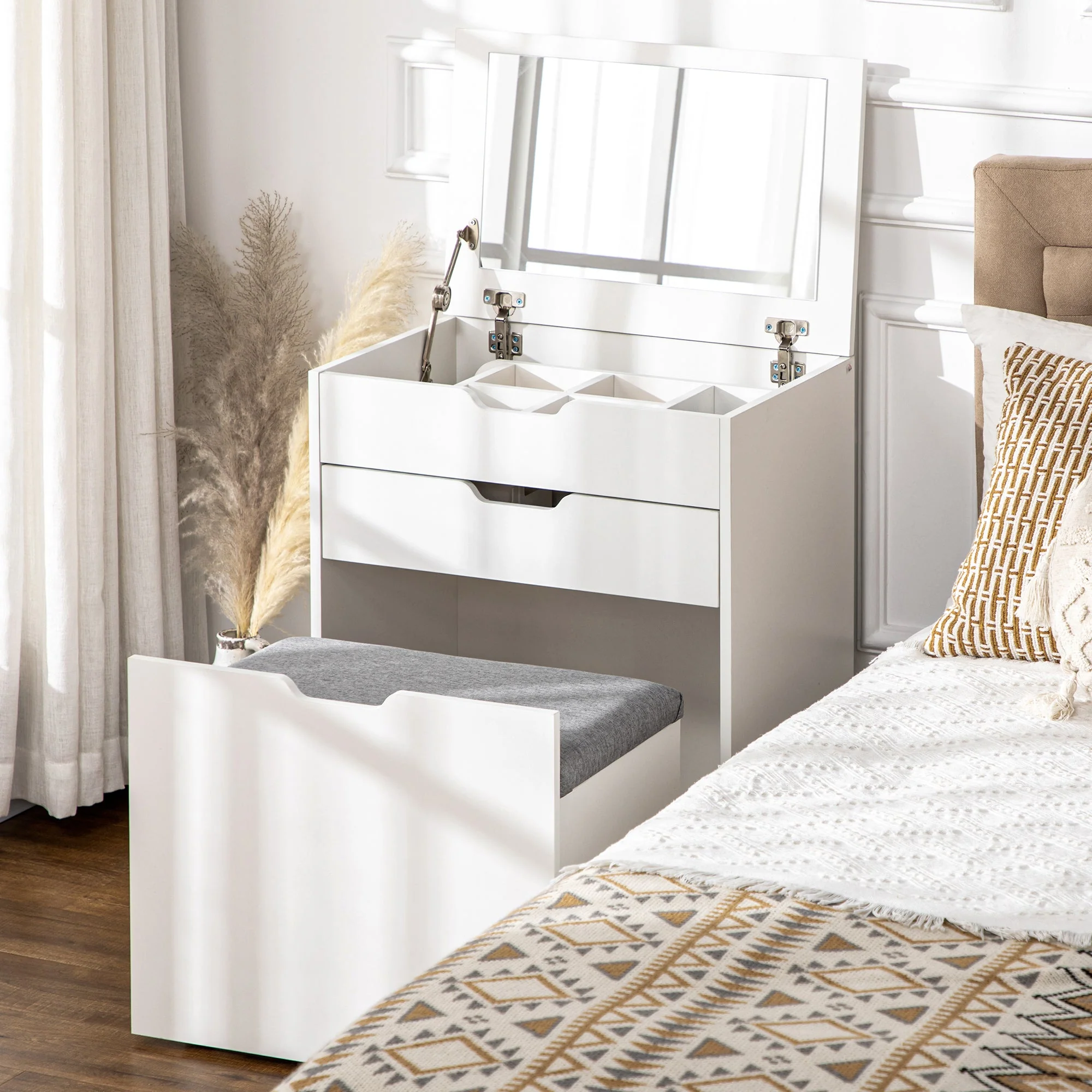 Dressing Table with Flip-up Mirror and Storage Stool - Image 2