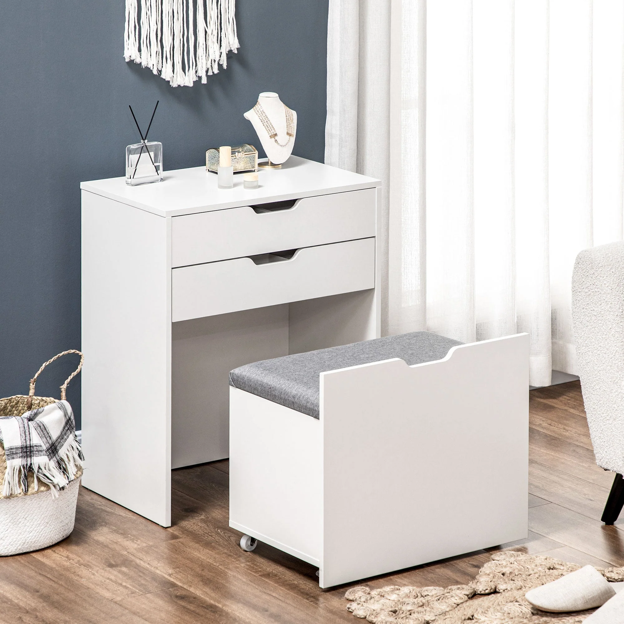 Dressing Table with Flip-up Mirror and Storage Stool - Image 7