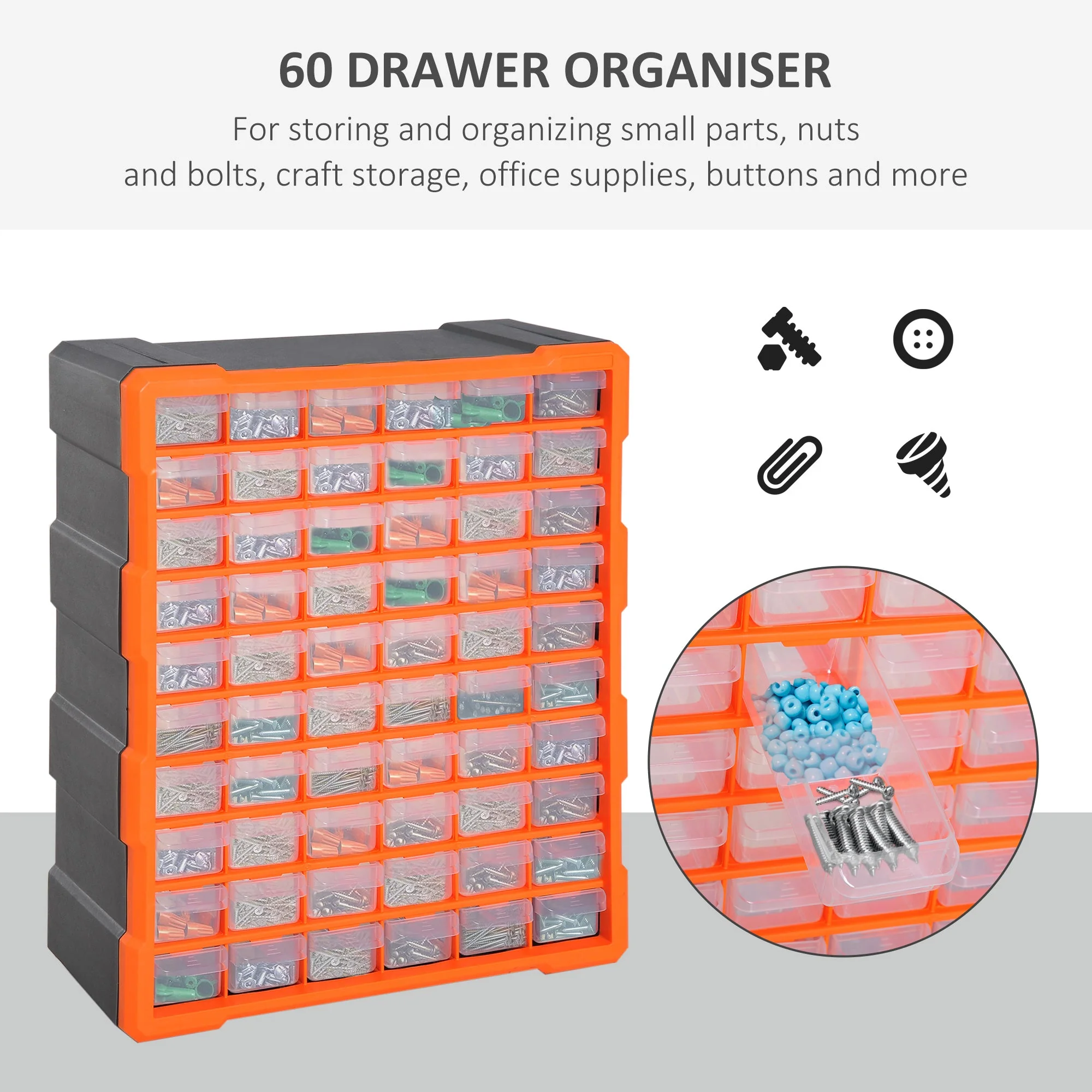 Durhand 60 Drawers Parts Organiser Wall Mount Storage Cabinet Garage Small Nuts Bolts Tools Clear Orange - Image 3