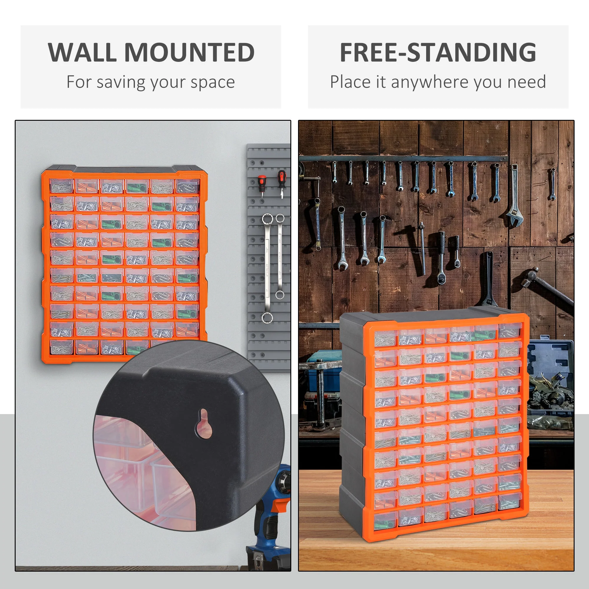 Durhand 60 Drawers Parts Organiser Wall Mount Storage Cabinet Garage Small Nuts Bolts Tools Clear Orange - Image 4