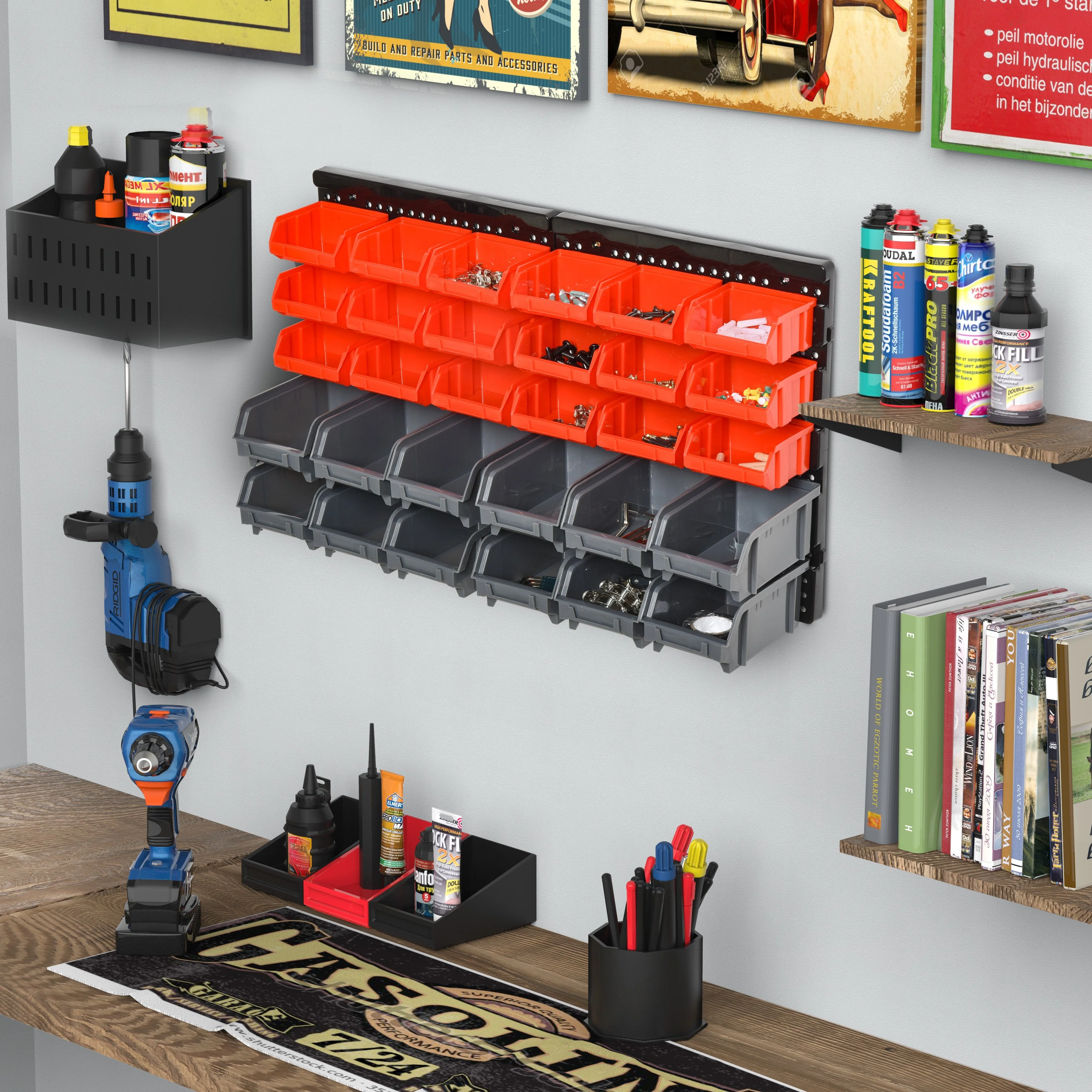 DURHAND PP Wall Mounted 30-Compartment Tool Hardware Organiser Red/Grey - Image 2