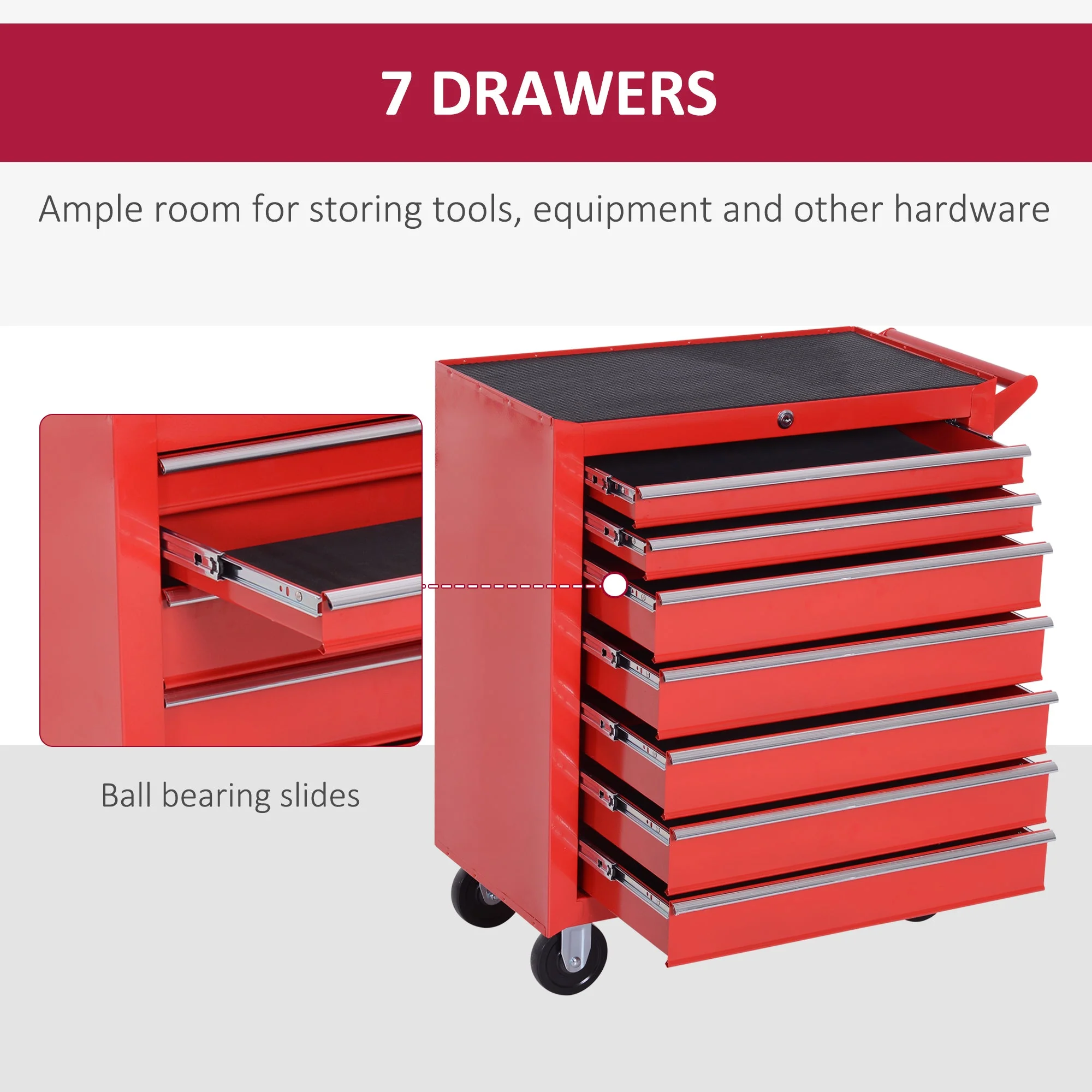 DURHAND Steel 7 Drawer Tool Storage Cabinet Tool Chest w/ Roll Wheels Red - Image 3