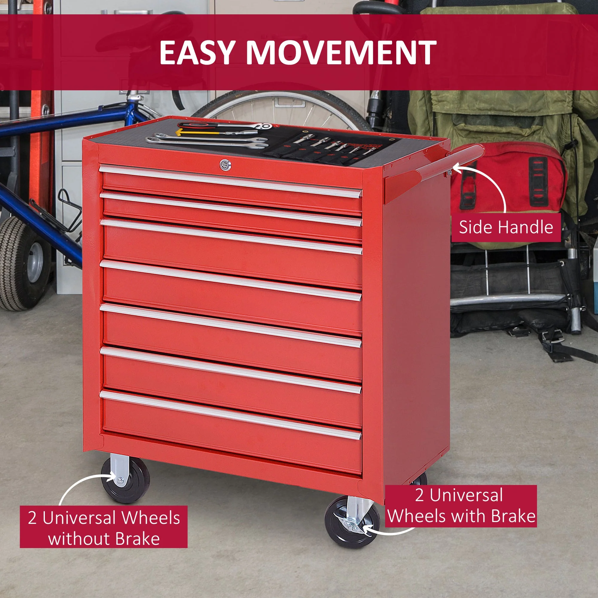 DURHAND Steel 7 Drawer Tool Storage Cabinet Tool Chest w/ Roll Wheels Red - Image 5