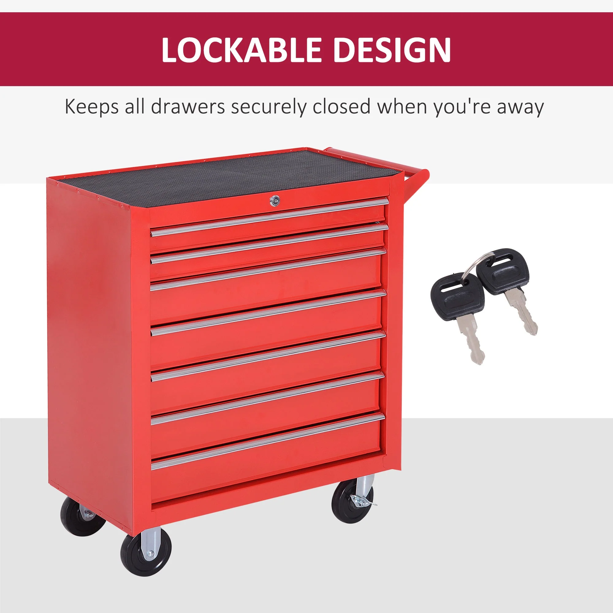 DURHAND Steel 7 Drawer Tool Storage Cabinet Tool Chest w/ Roll Wheels Red - Image 6