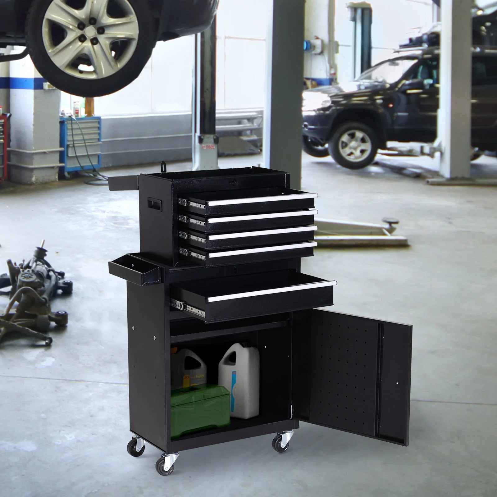 DURHAND Tool Chest 2 in 1 Metal Tool Cabinet Storage Box with 5 Drawers Pegboard Wheels 60x28x104.5cm Black - Image 2