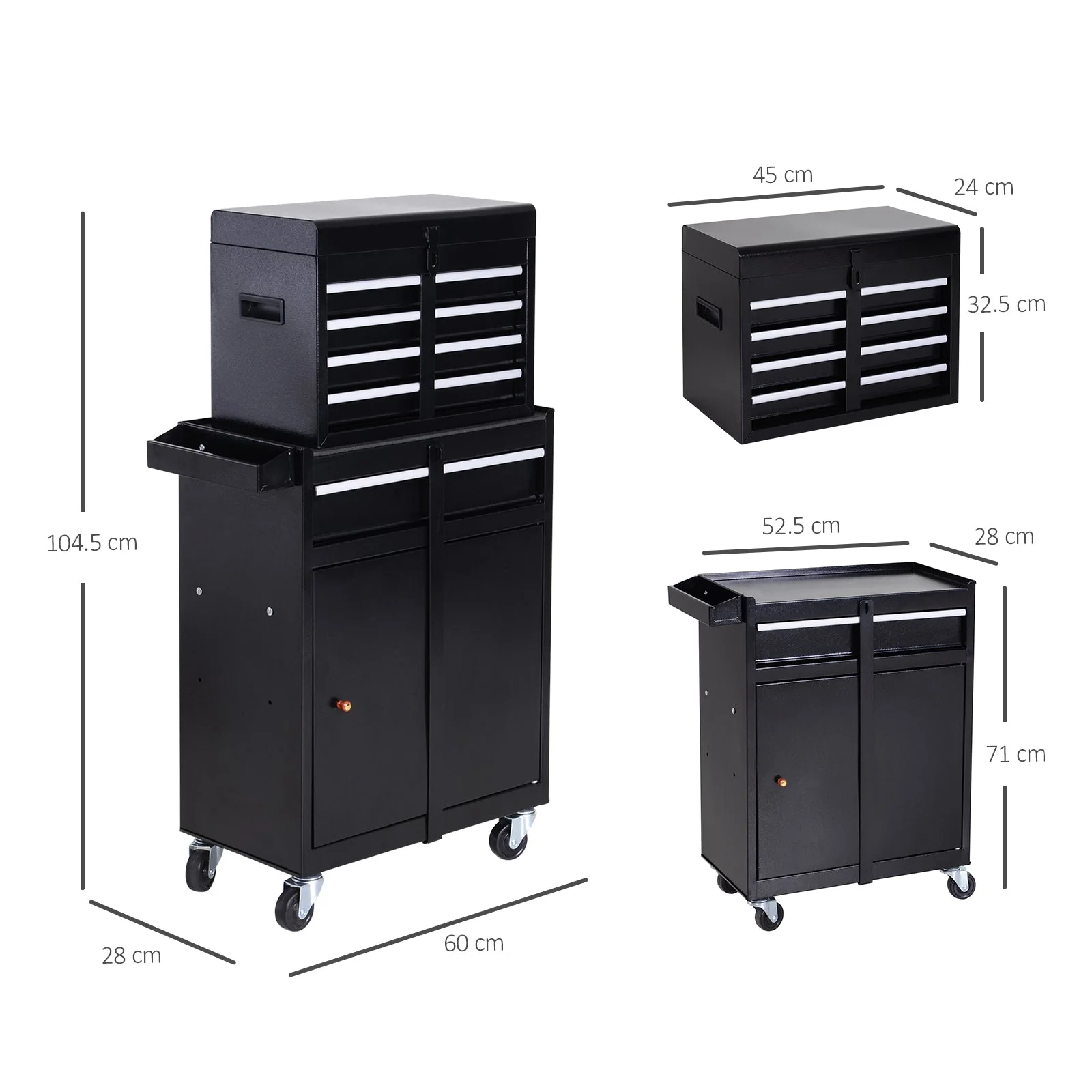 DURHAND Tool Chest 2 in 1 Metal Tool Cabinet Storage Box with 5 Drawers Pegboard Wheels 60x28x104.5cm Black - Image 3