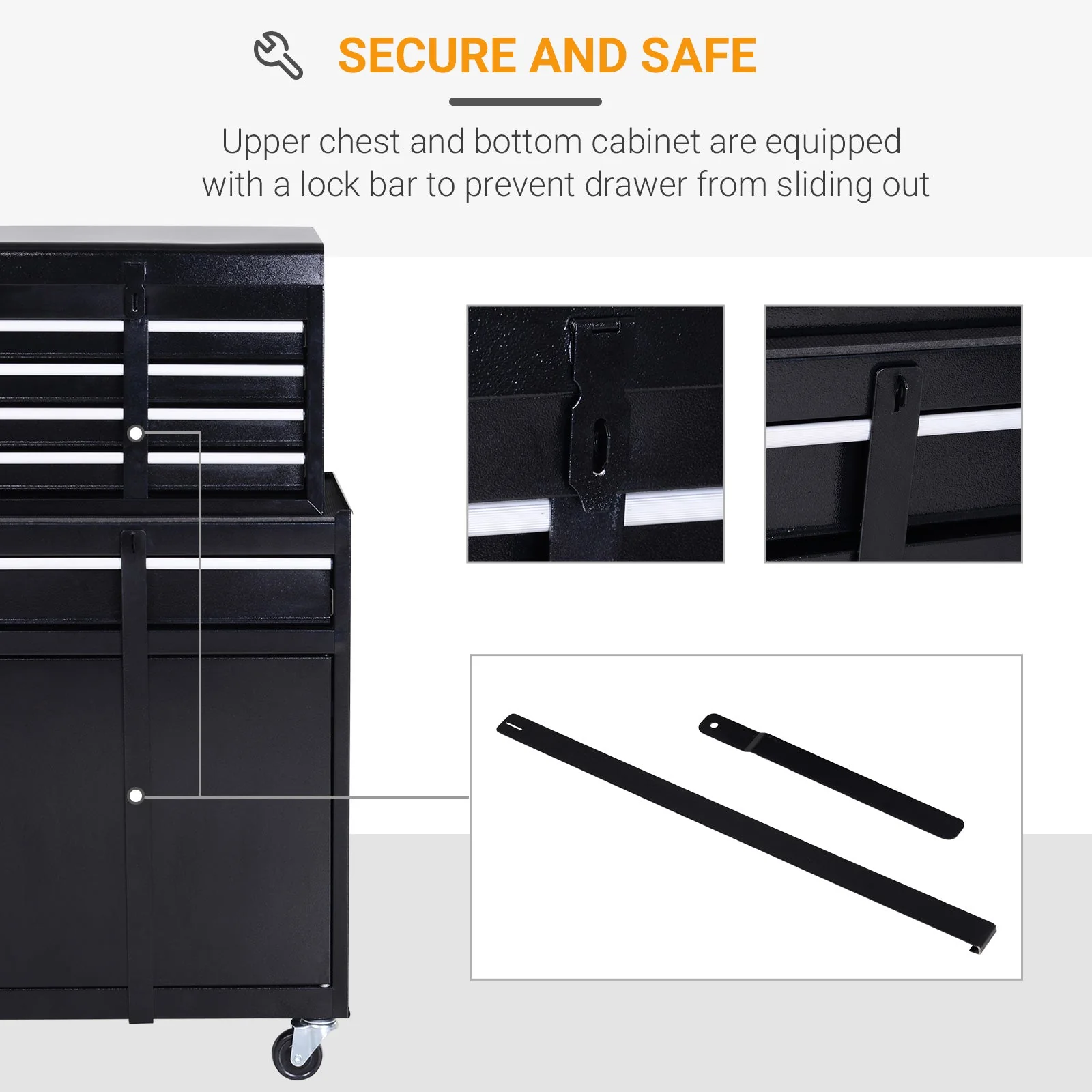DURHAND Tool Chest 2 in 1 Metal Tool Cabinet Storage Box with 5 Drawers Pegboard Wheels 60x28x104.5cm Black - Image 6