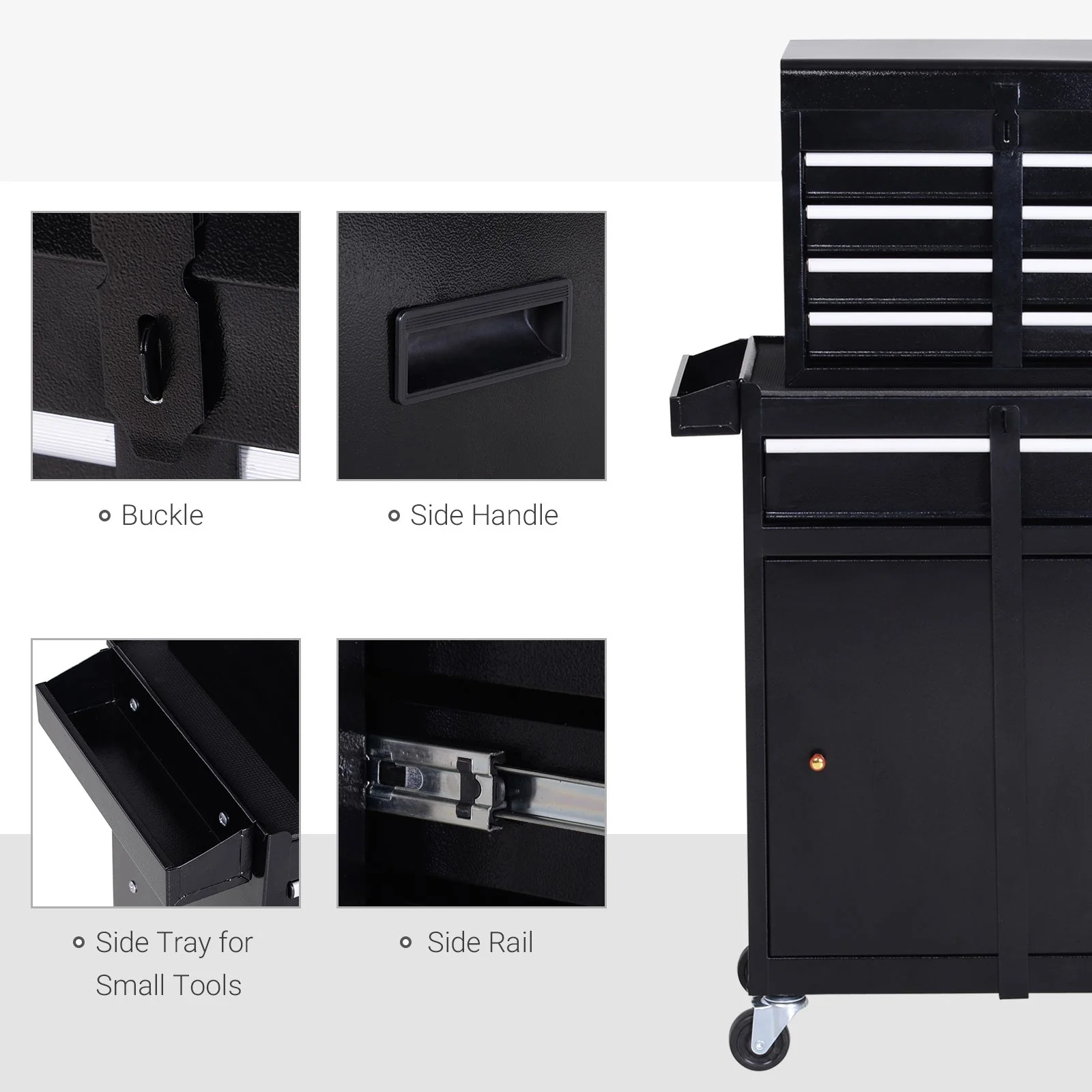 DURHAND Tool Chest 2 in 1 Metal Tool Cabinet Storage Box with 5 Drawers Pegboard Wheels 60x28x104.5cm Black - Image 7