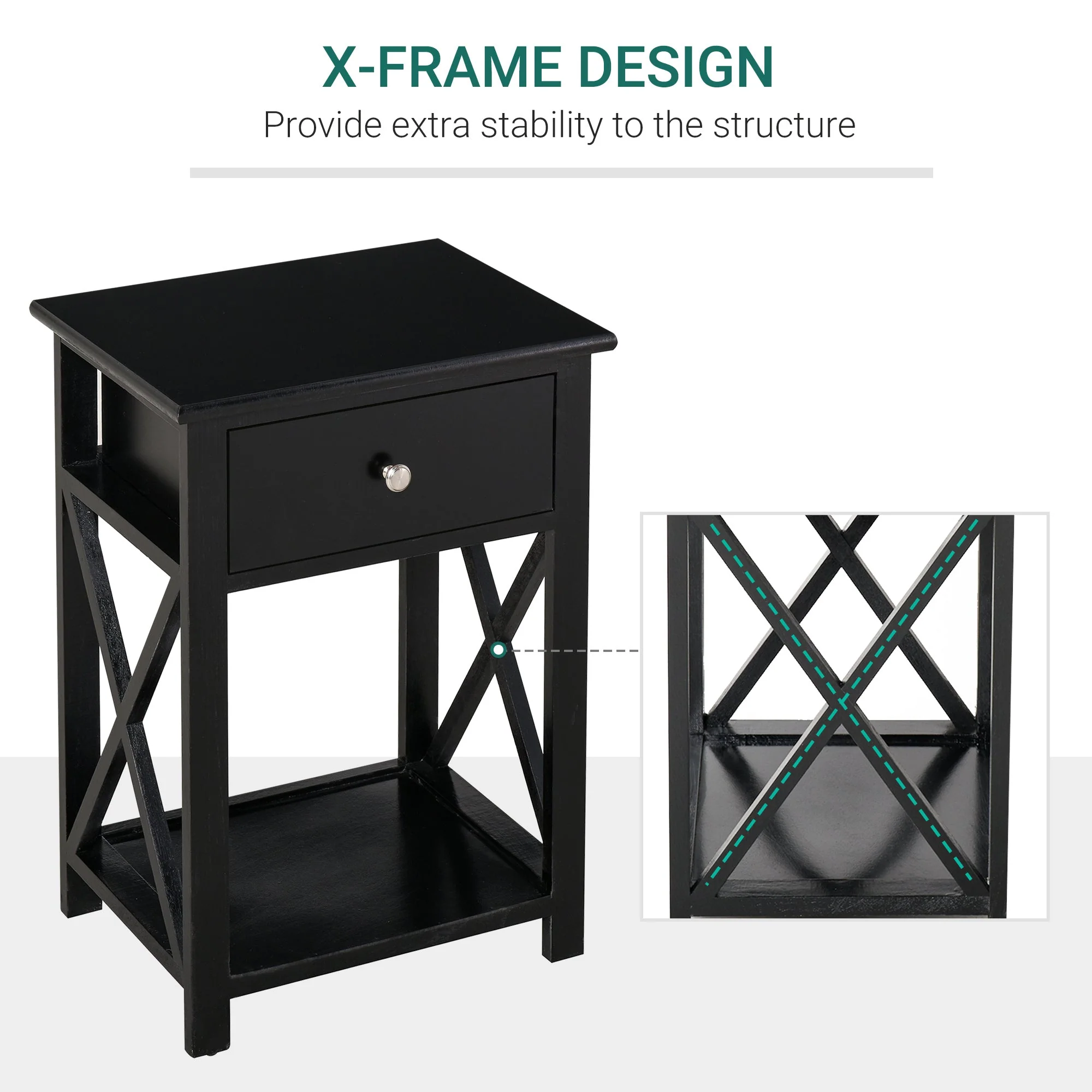 End Table Sofa Side Table with Drawer X Bar Bottom Storage Shelf - Image 4