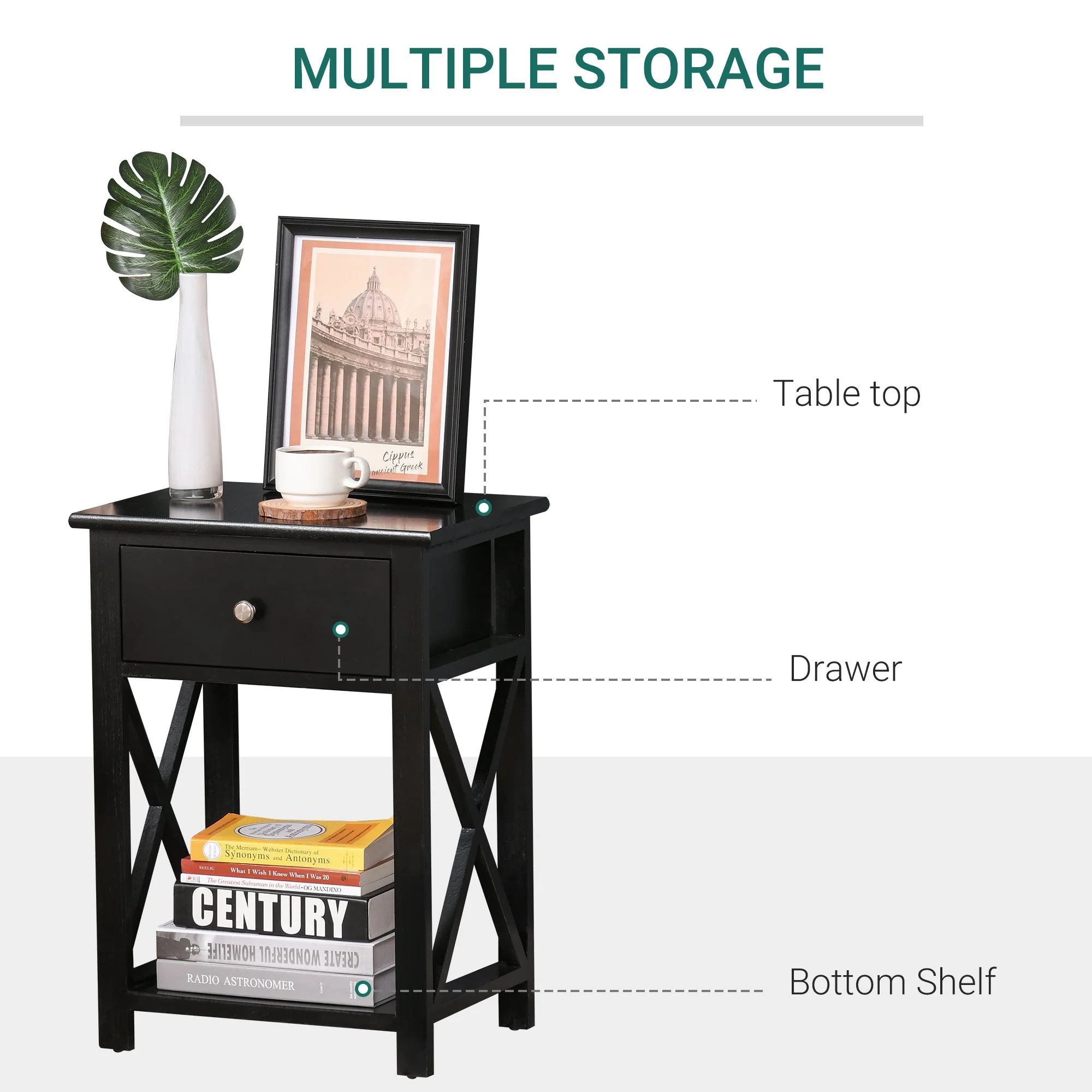 End Table Sofa Side Table with Drawer X Bar Bottom Storage Shelf - Image 5