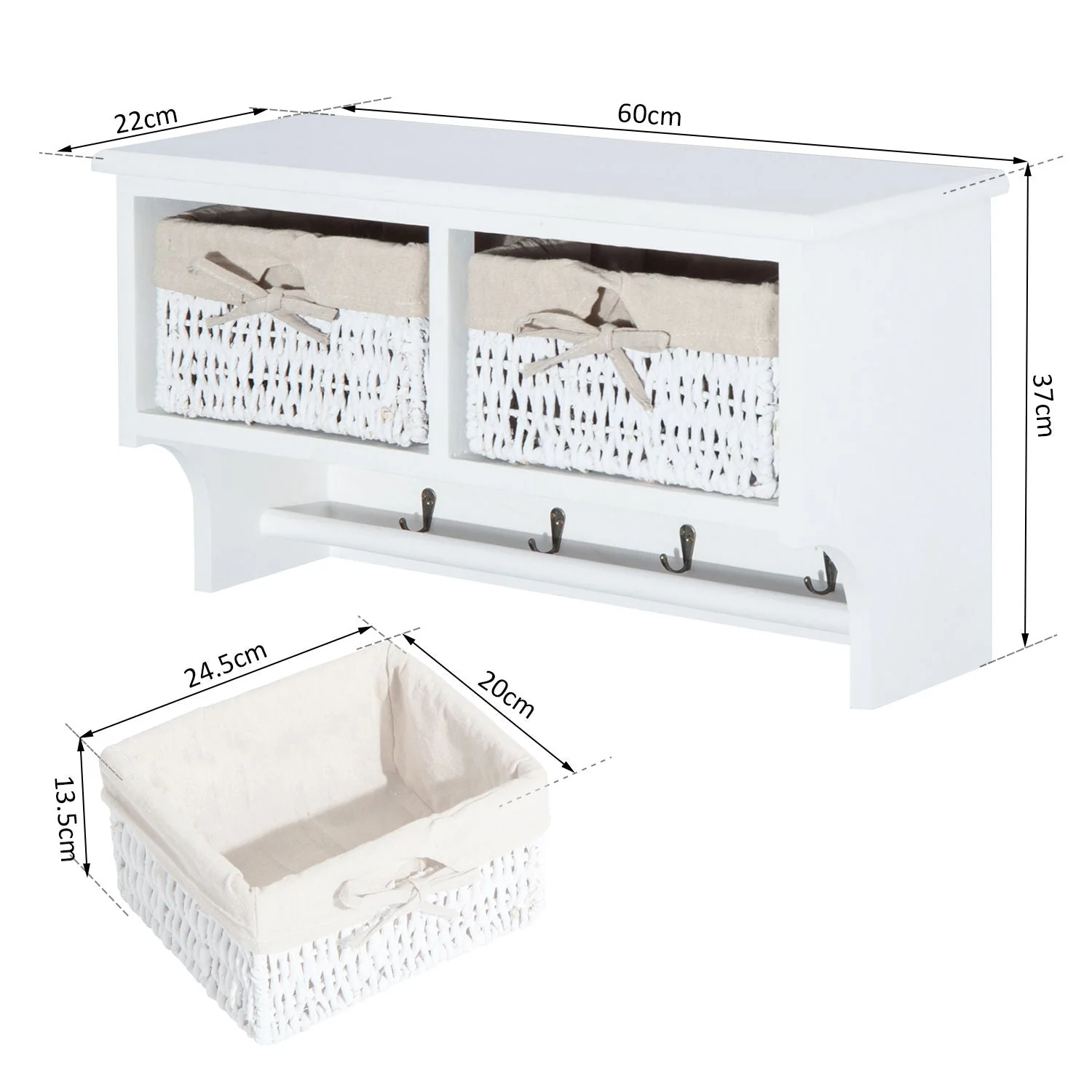 Entryway Coat Rack Wall Mounted Shelf w/ 2 Corn Husk Baskets and Hooks - Image 3