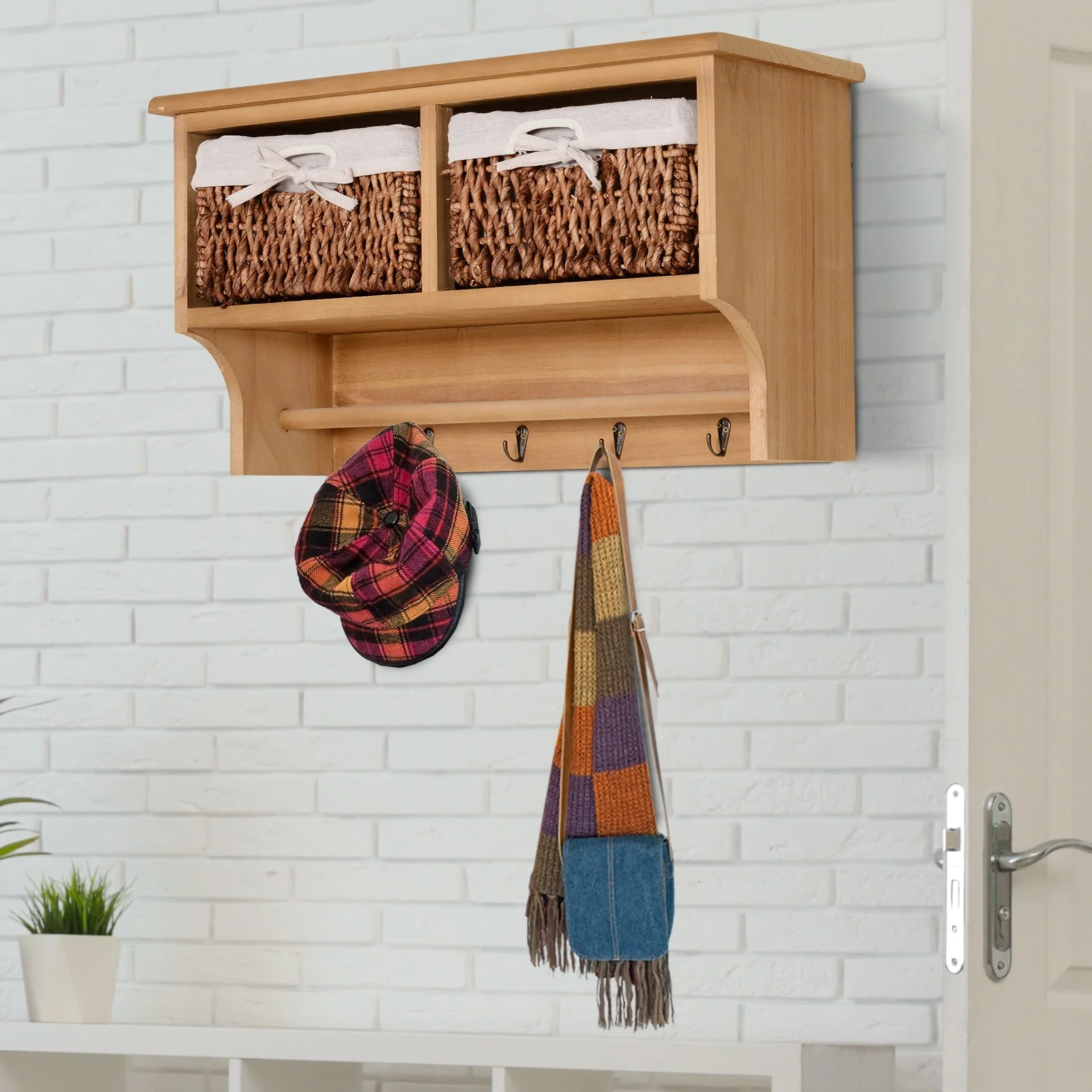 Entryway Coat Rack Wall Mounted Shelf w/ 2 Corn Husk Baskets and Hooks - Image 2