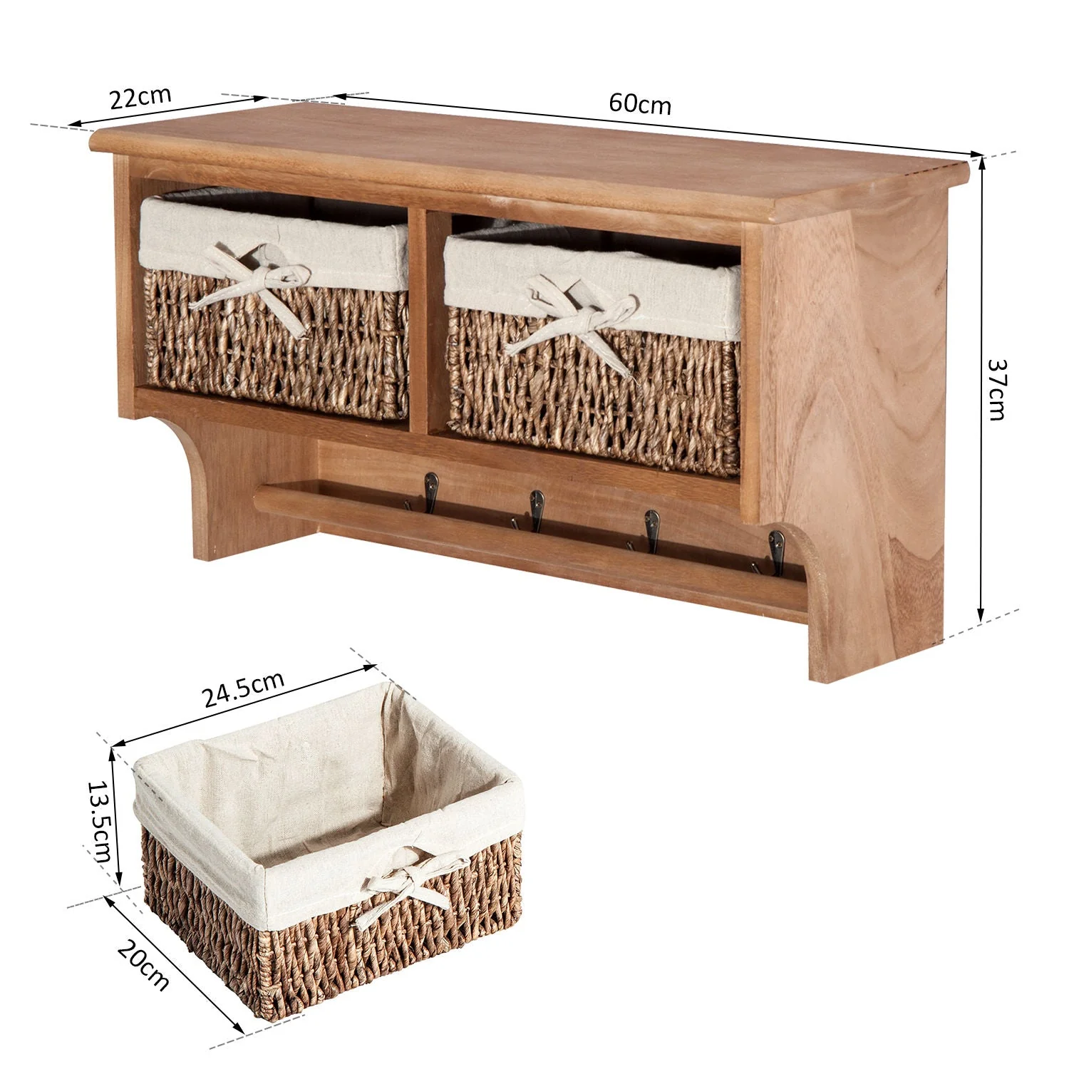 Entryway Coat Rack Wall Mounted Shelf w/ 2 Corn Husk Baskets and Hooks - Image 3