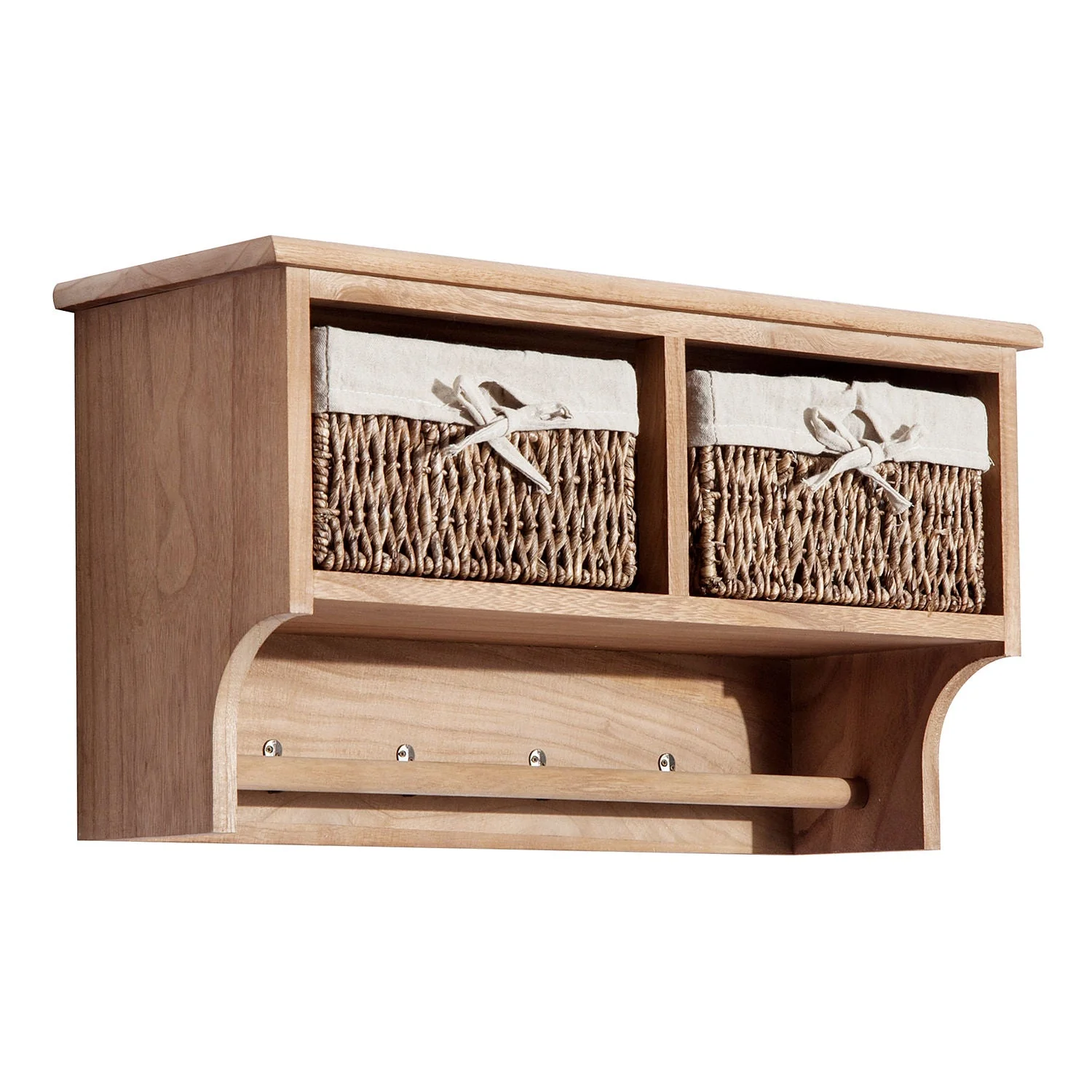 Entryway Coat Rack Wall Mounted Shelf w/ 2 Corn Husk Baskets and Hooks - Image 4