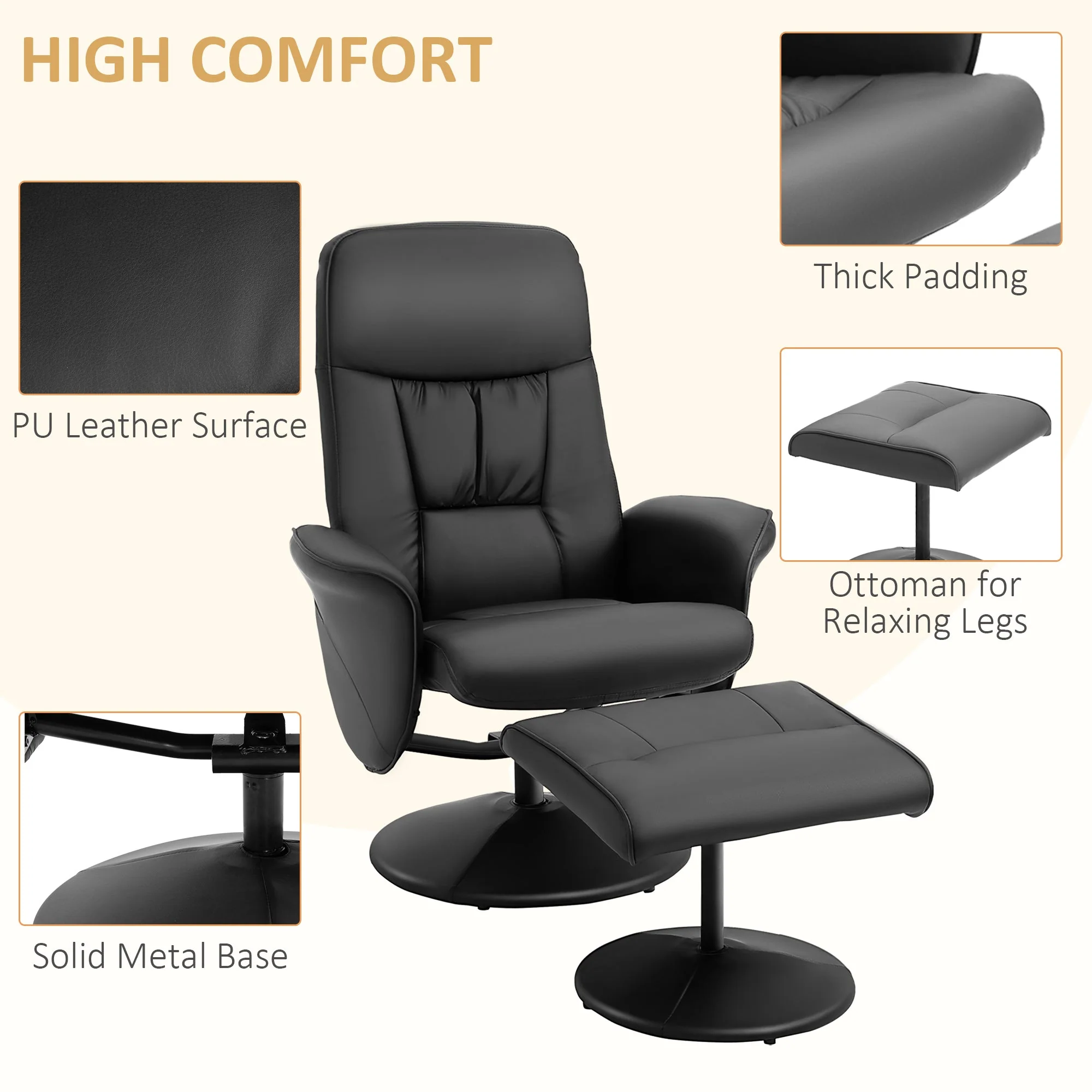 Executive Recliner Chair High Back and Footstool Armchair Lounge Seat Black - Image 6