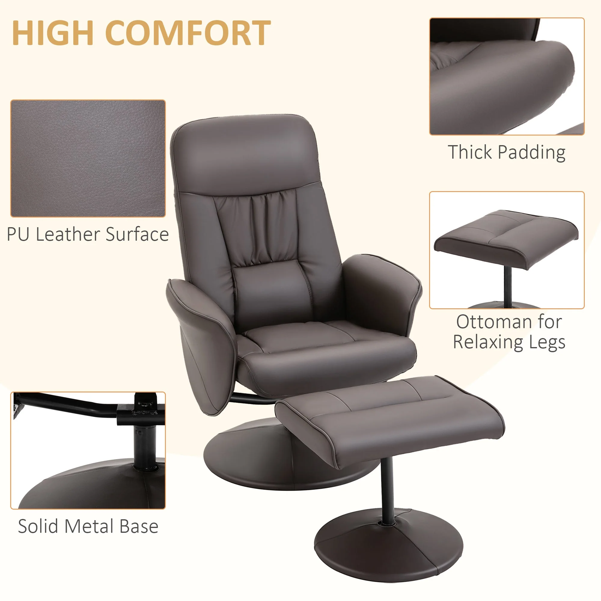 Executive Recliner Chair High Back and Footstool Armchair Lounge Seat Brown - Image 6