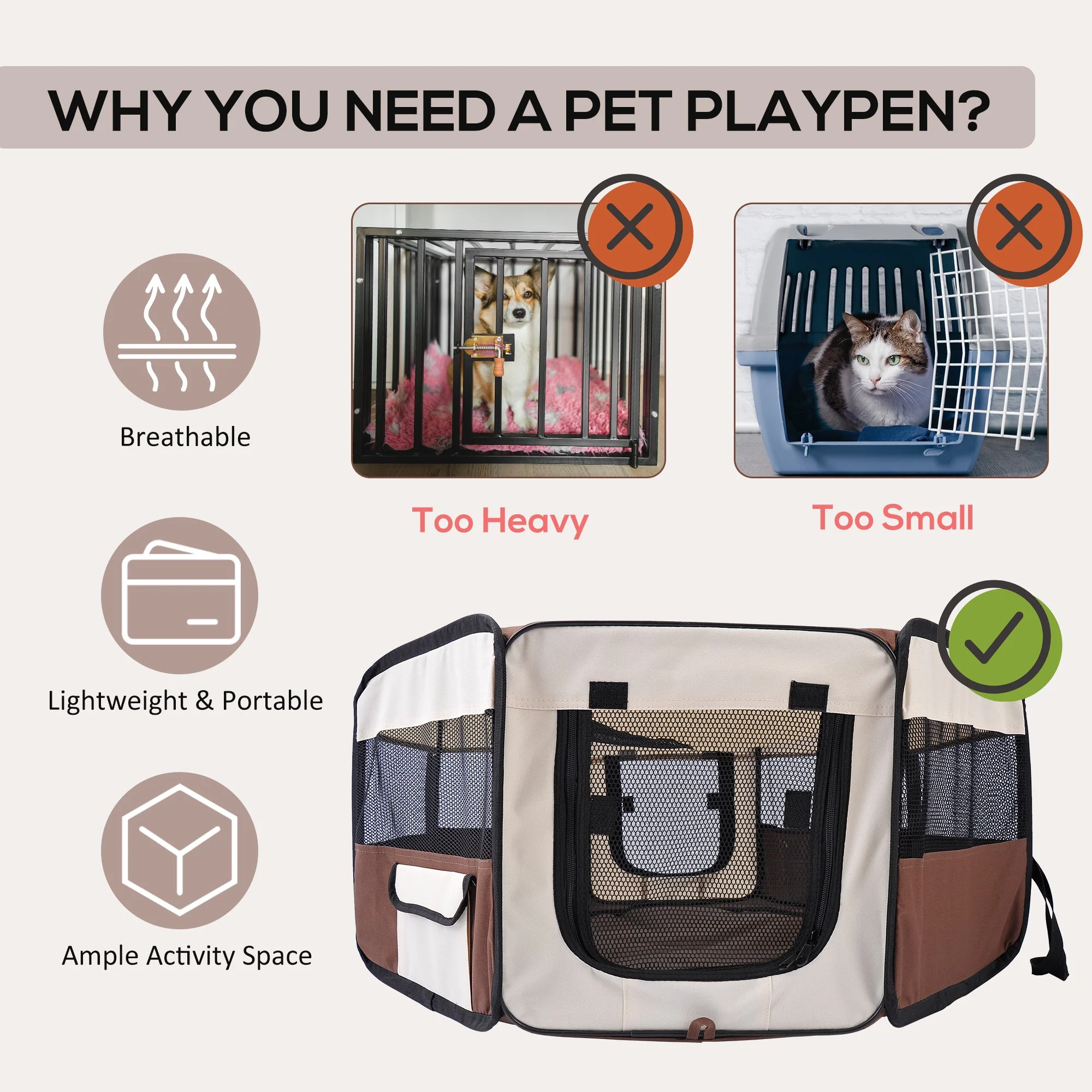 Fabric Dog Pens Pet Puppy PlayPen Dog Crate 37cmx37cmx95cm-Brown/Cream - Image 2