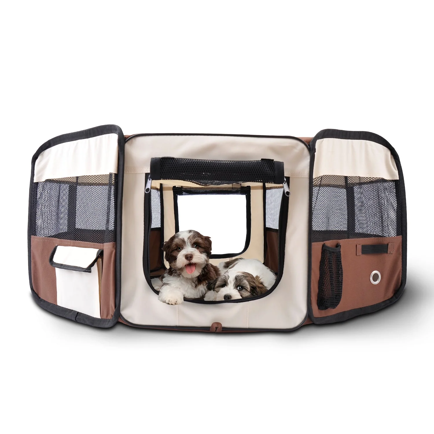Fabric Dog Pens Pet Puppy PlayPen Dog Crate 37cmx37cmx95cm-Brown/Cream - Image 3