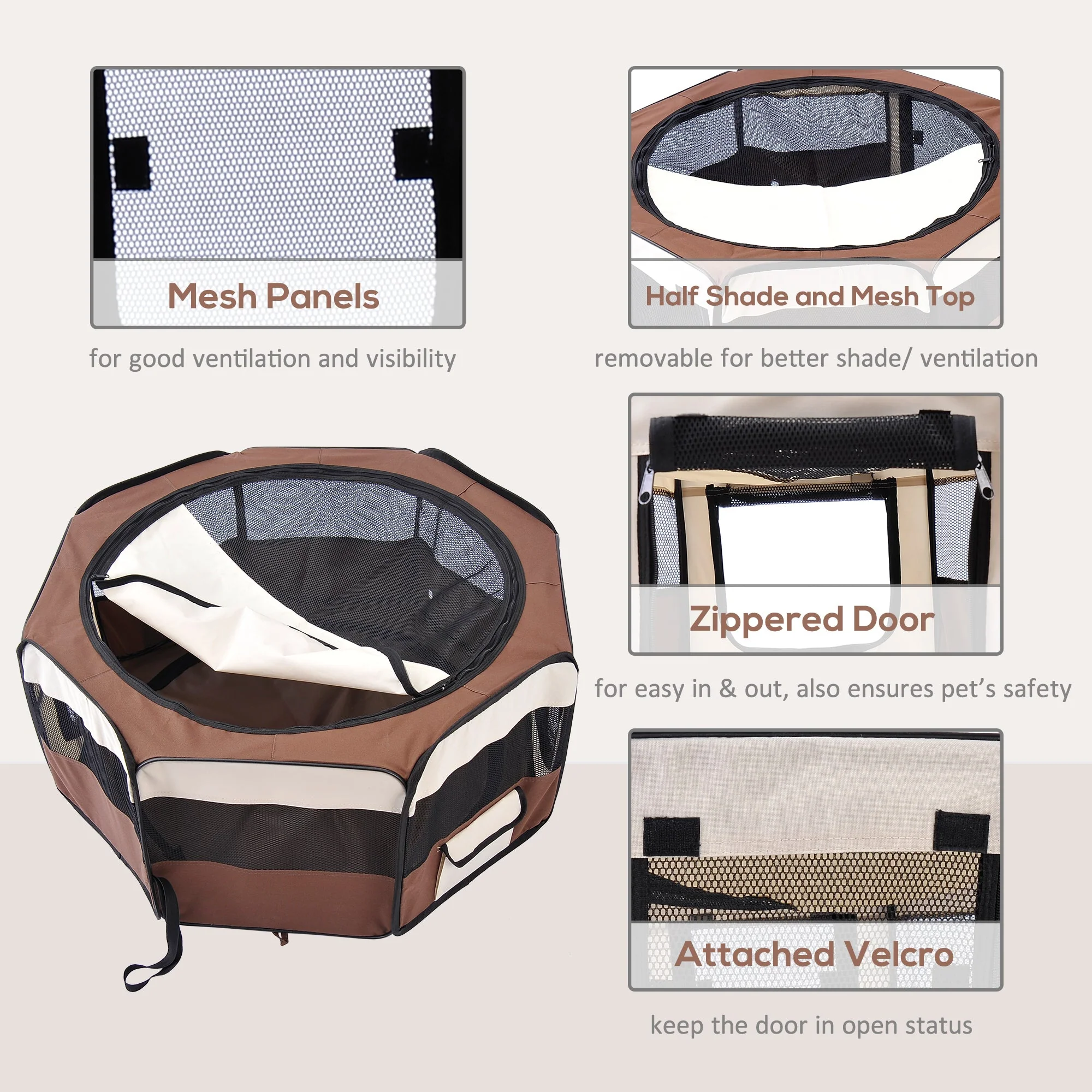 Fabric Dog Pens Pet Puppy PlayPen Dog Crate 37cmx37cmx95cm-Brown/Cream - Image 5