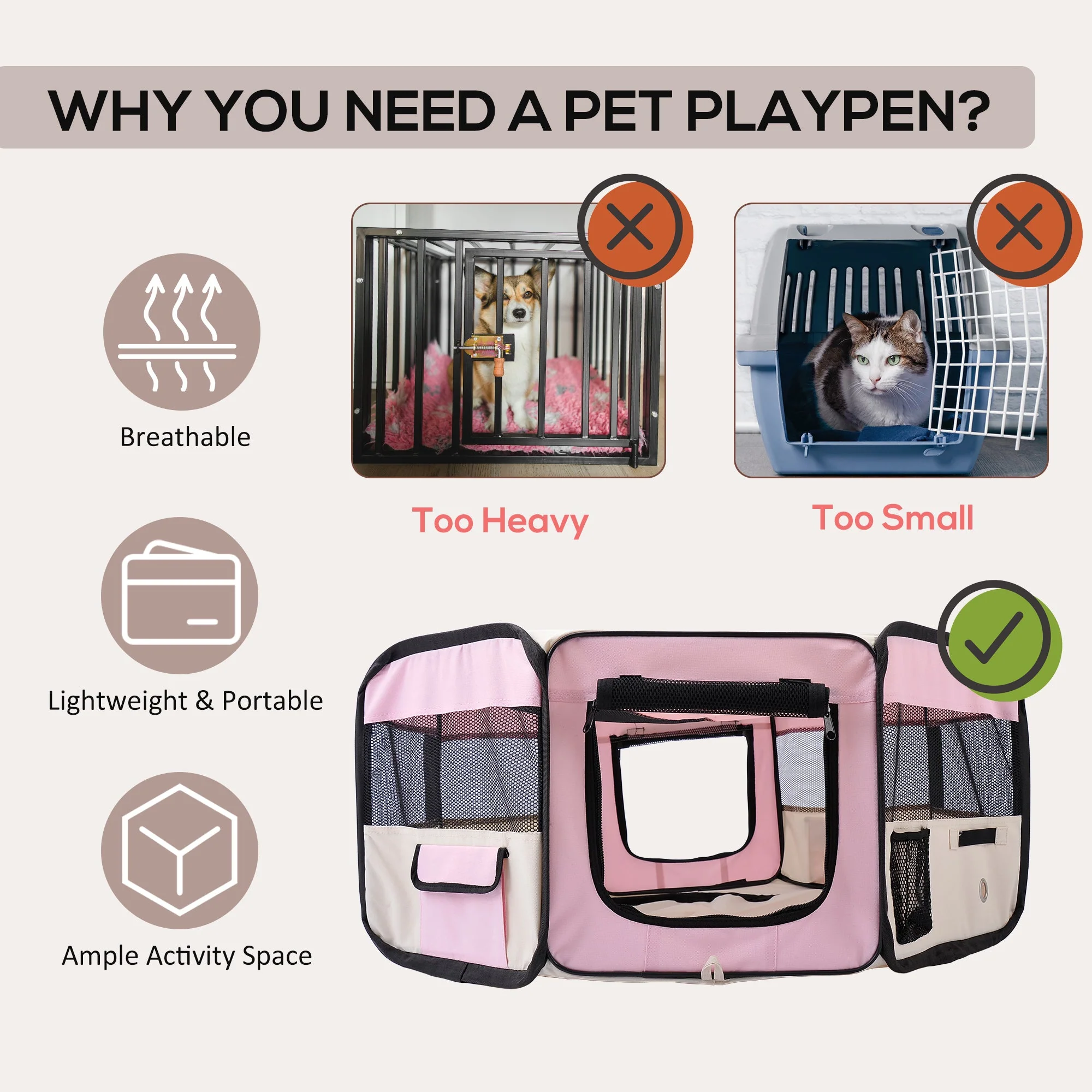Fabric Dog Pens Pet Puppy PlayPen Dog Crate 37cmx37cmx95cm-Pink/Cream - Image 2